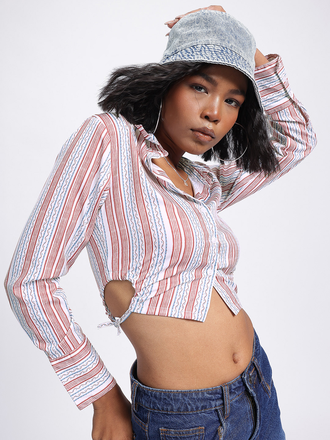 glitchez Striped Cut-Out Waist Shirt Style Crop Top