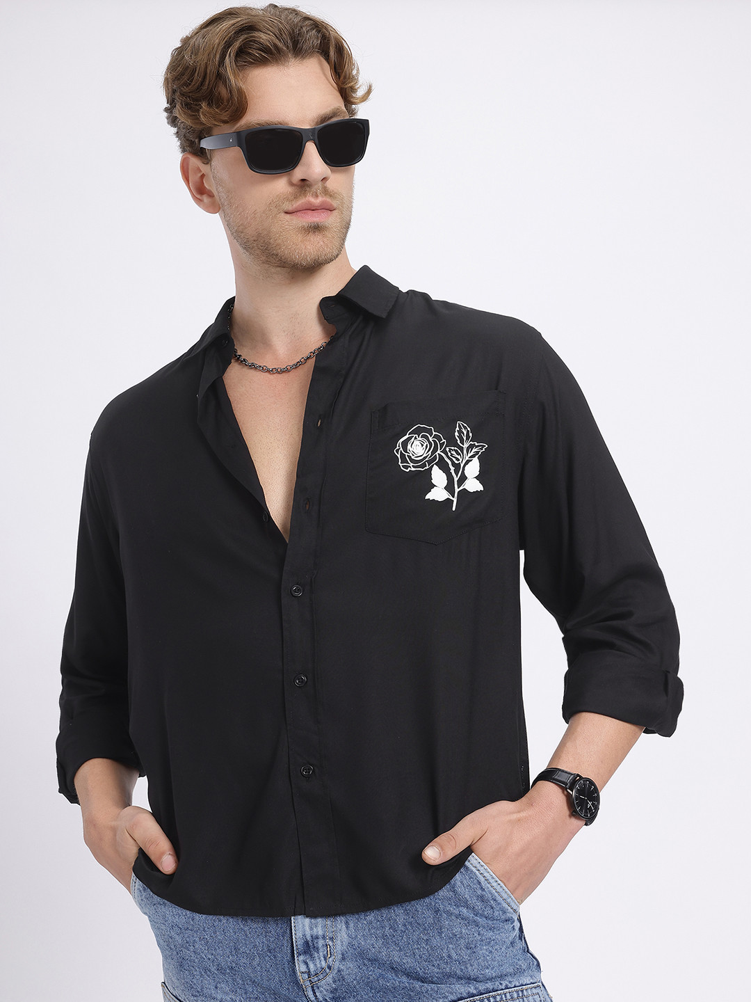 glitchez Floral Print Patch Pocket Relaxed Fit Shirt