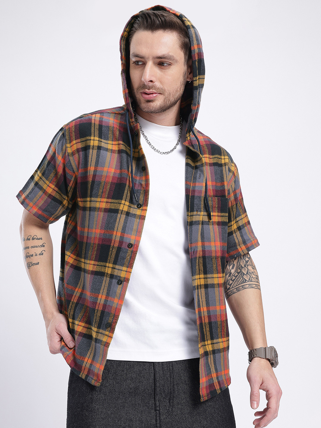 glitchez Grunge Checked Flannel Hooded Shirt