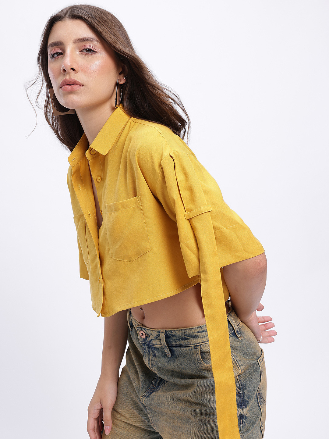 glitchez Crop Boxy Drop-Shoulder Patch Pocketed Shirt