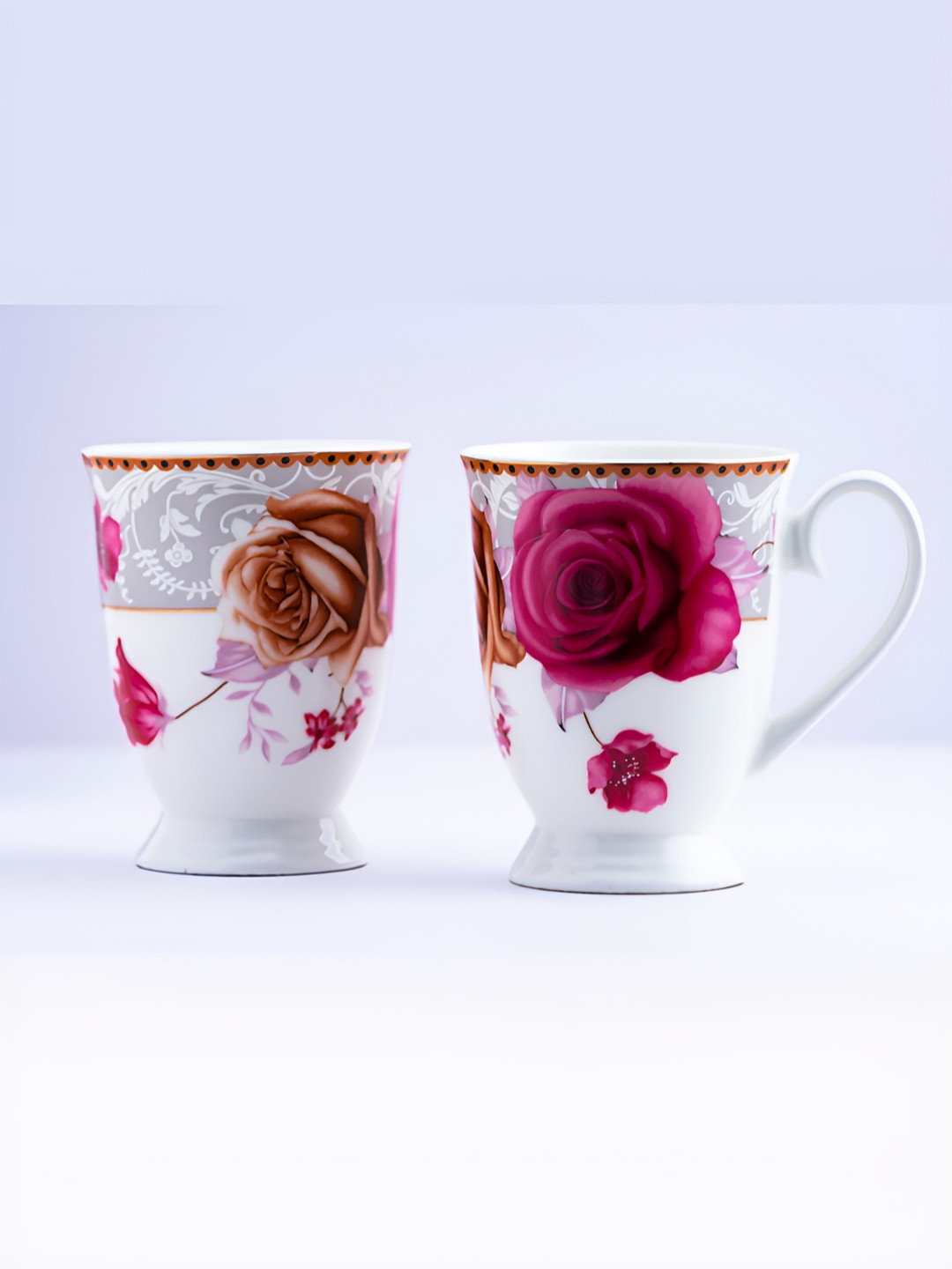 GOLDEN QUEEN'S Sibling Magenta Floral Ceramic Microwave Safe 2 Piece Mugs-300ml