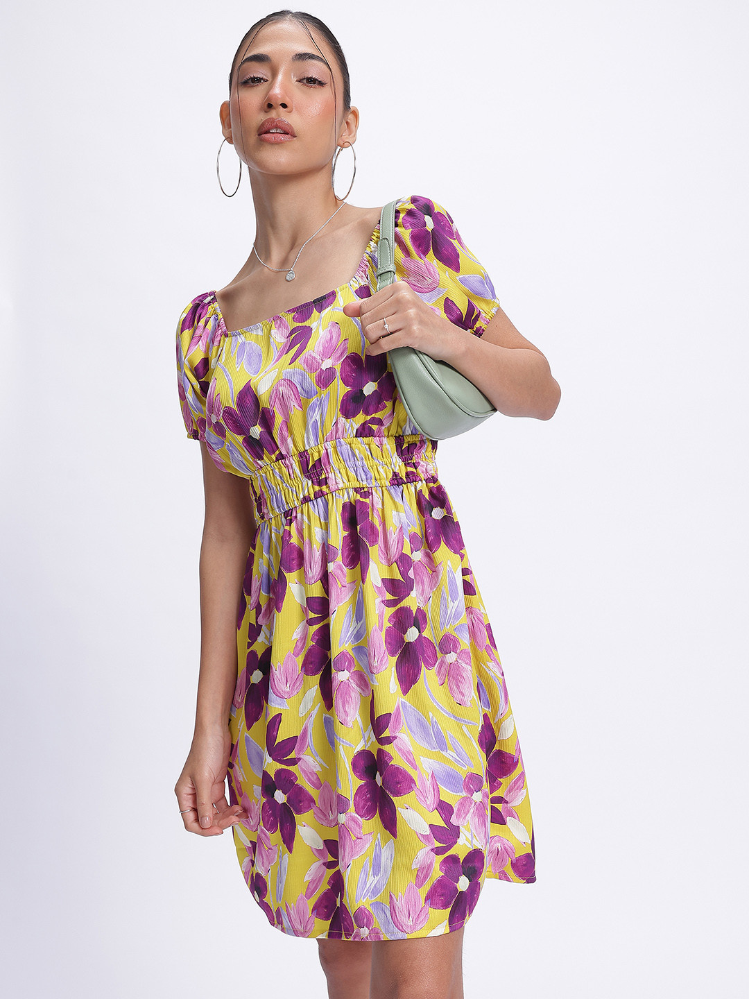 glitchez Floral Print Smocked Puff Sleeve Fit & Flare Dress