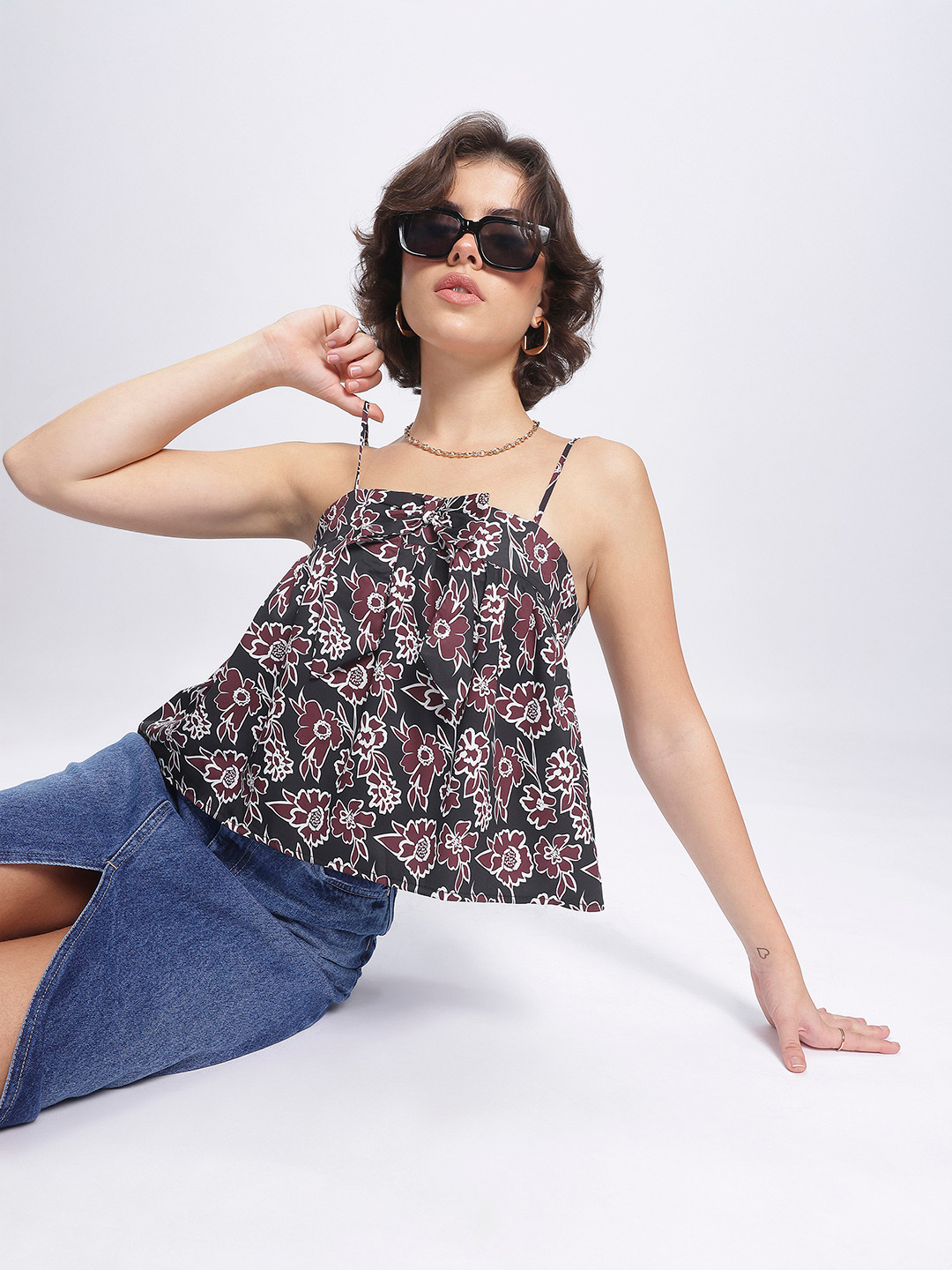 glitchez Boho Printed Bow-Detail Strappy A-Line Top