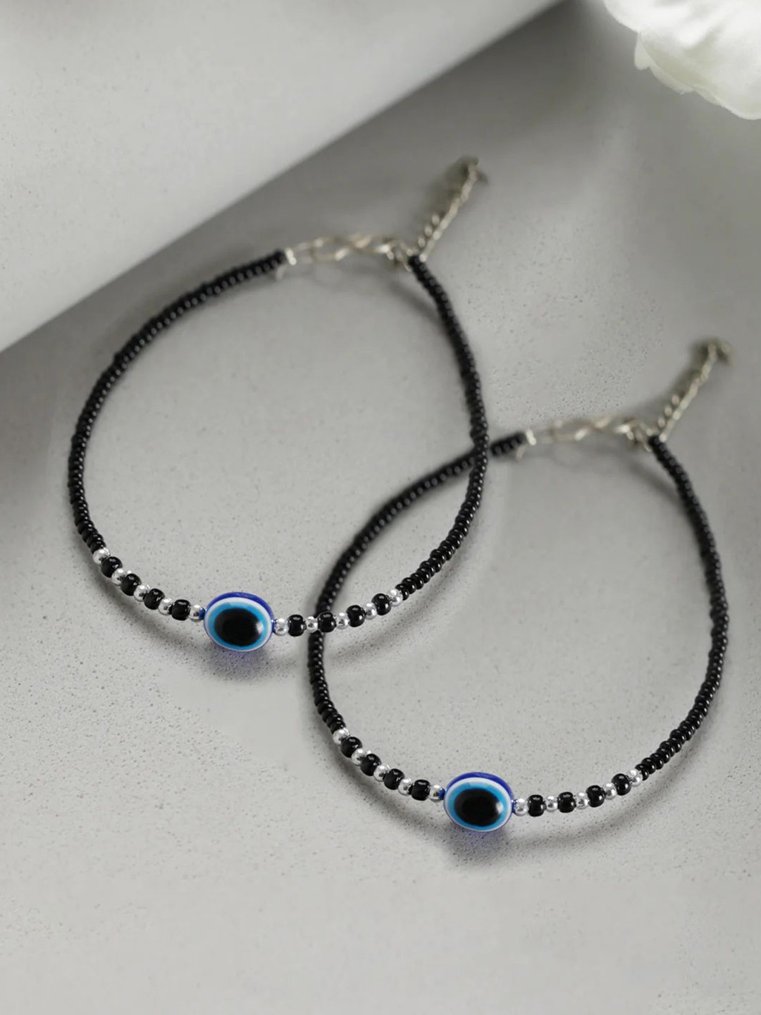 HIGH TRENDZ Set Of 2 Silver-Plated Evil Eye Link Bracelet