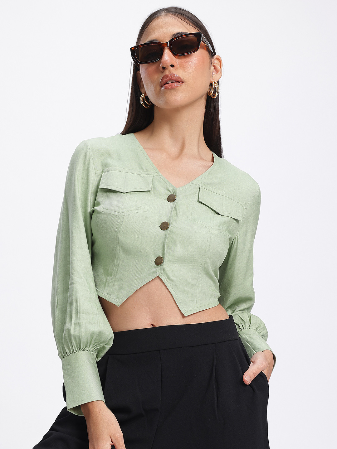 glitchez Tie-Up Twist Pocketed Shirt Style Crop Top