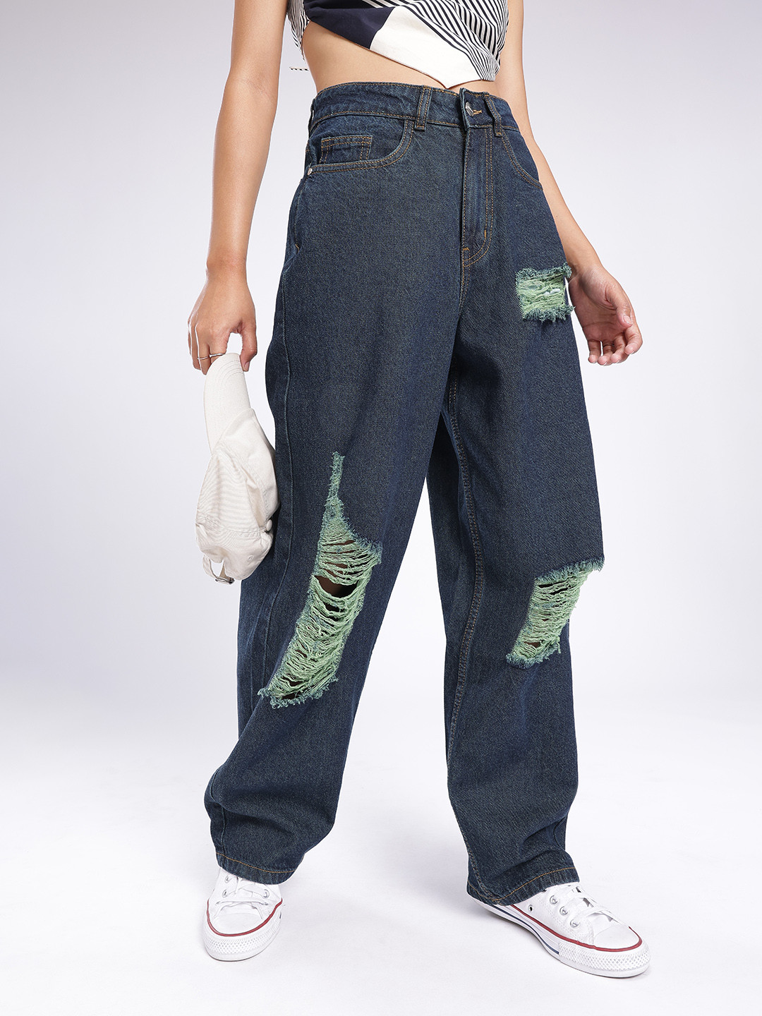 glitchez Women Skater High-Rise Ripped Jeans