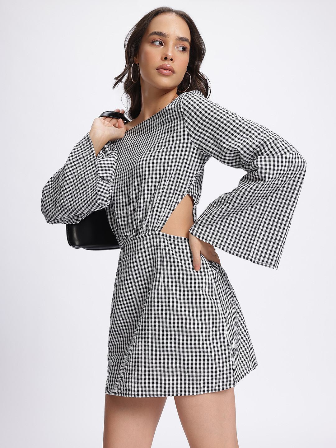 glitchez Checked Cut-Out A-Line Mini Dress