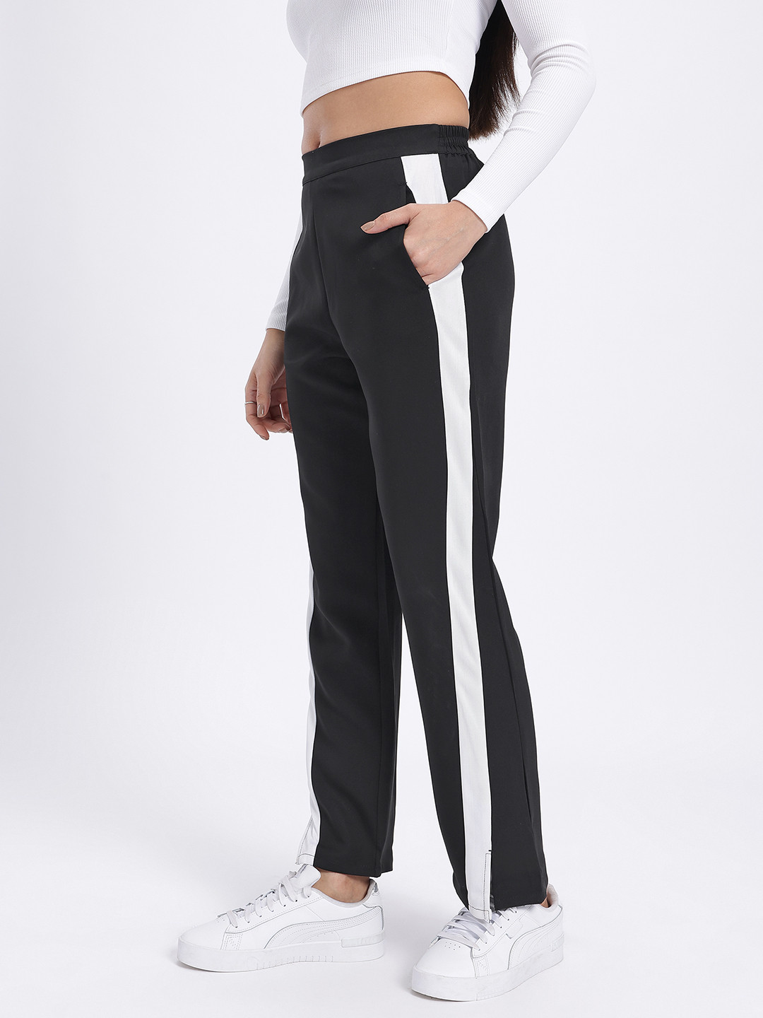 glitchez Women Monochrome Shift Hem Slit Trousers