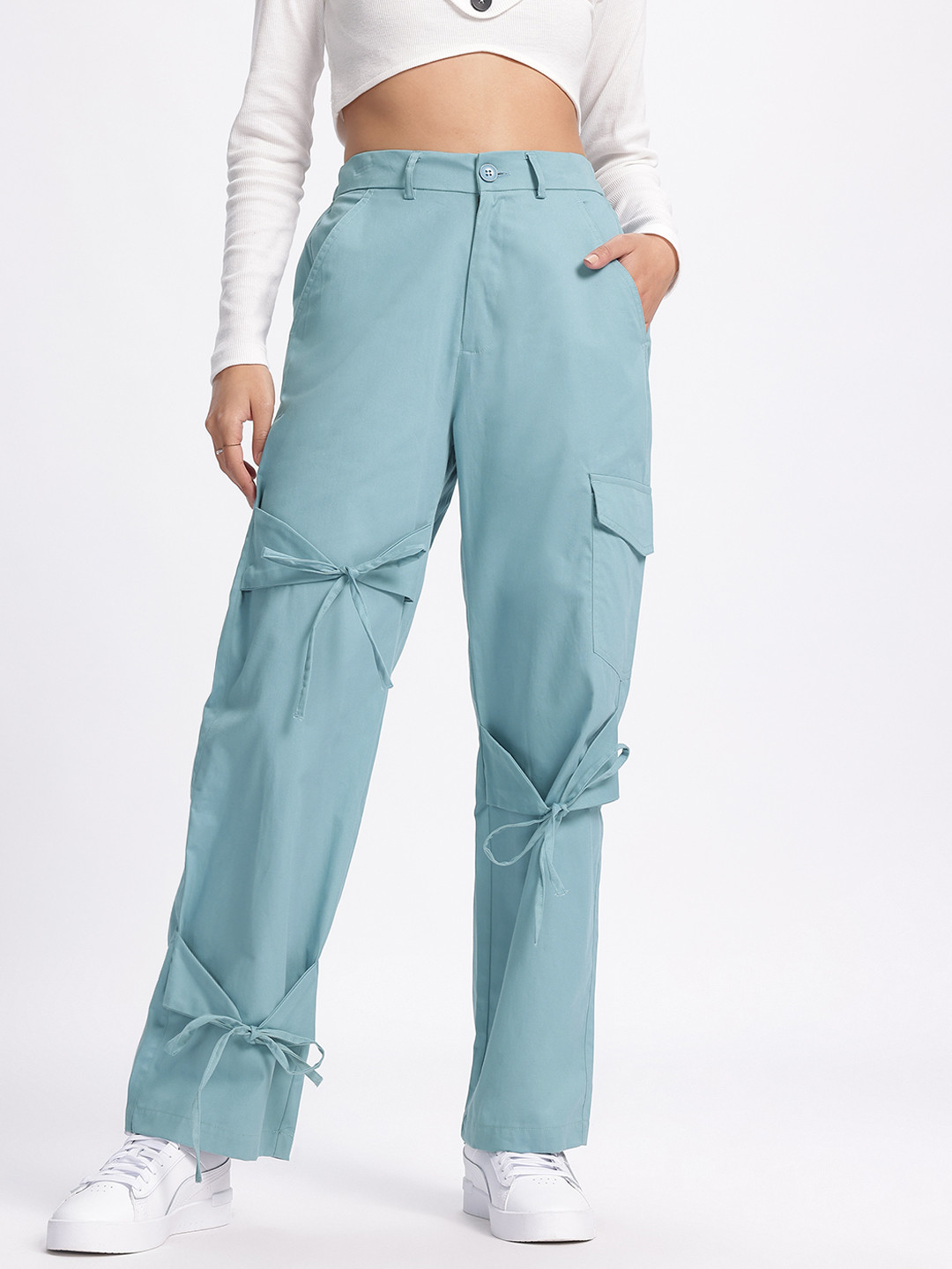 glitchez Women Bow Straight Fit Cargo Trousers with Drawstring Hem