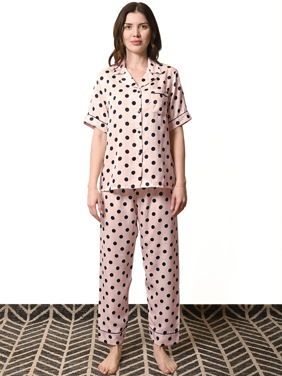 Sleepsia Women Blush Pink Polka Dot Satin Half Sleeves Shirt & Pyjama Night Set