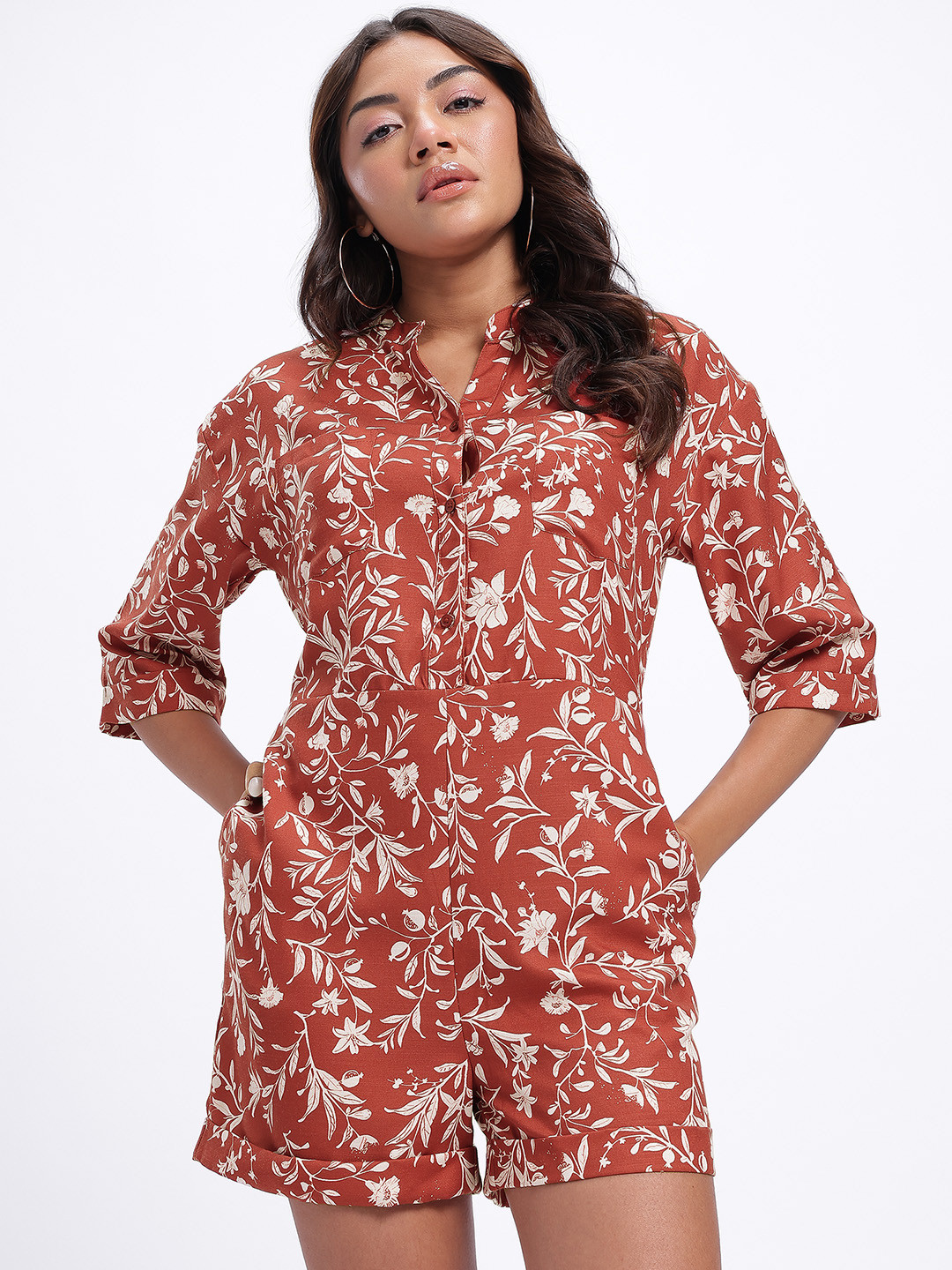 glitchez Mandarin Neck Floral Print Playsuit