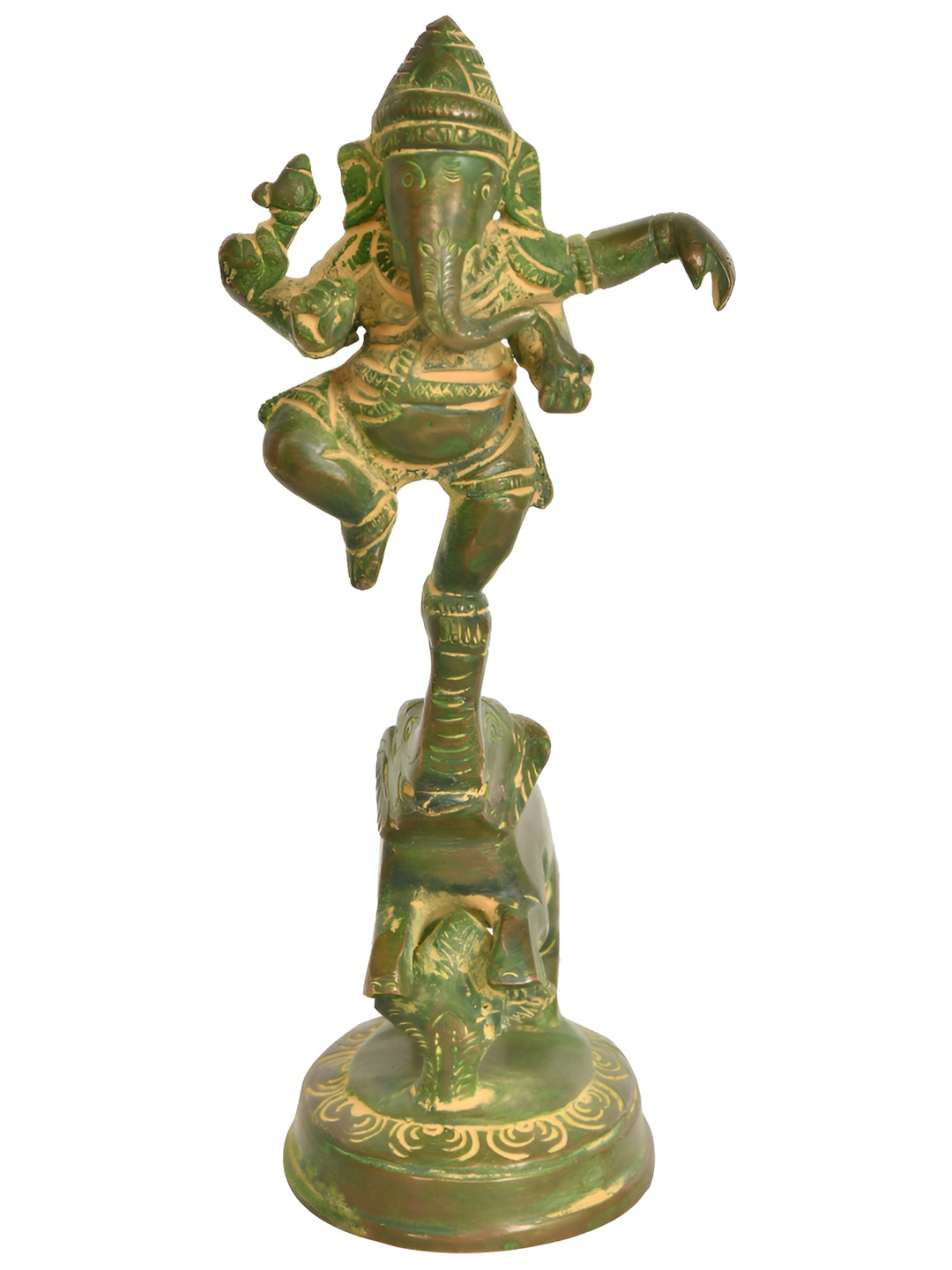 Exotic India Lord Ganesha Dancing On An Elephant Green Brass Metallic Prayer Room Medium Showpiece - 6.8 Inches