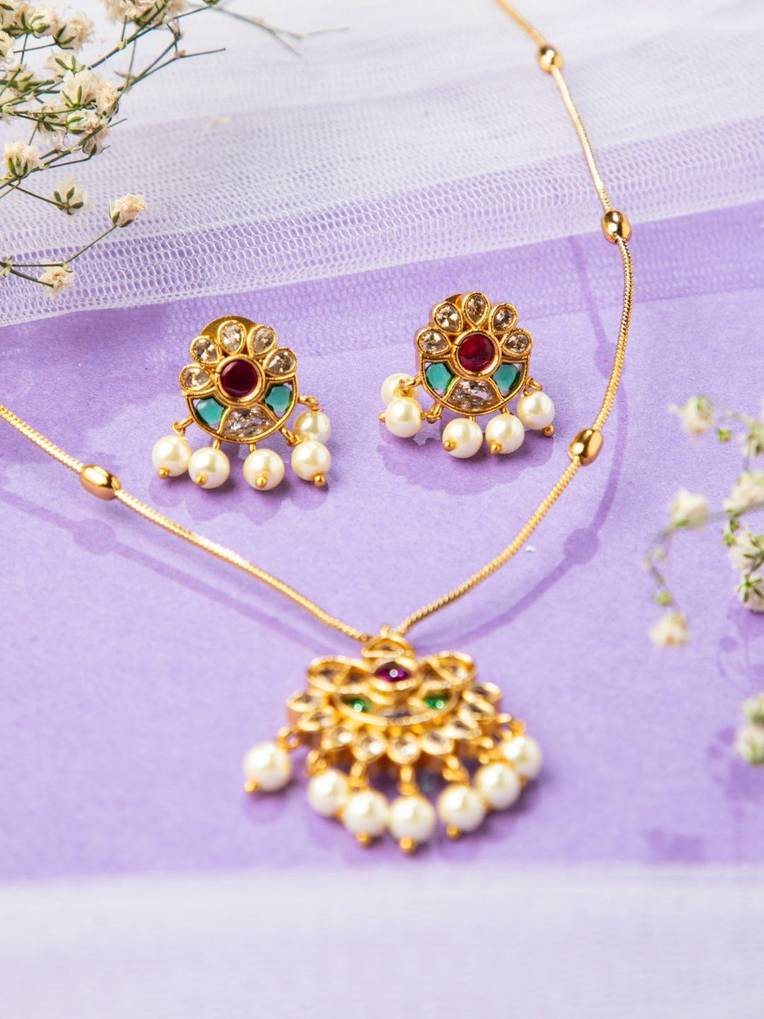 Niscka 24K Gold Plated American Diamond Stone Studded & Beaded Jewellery Set