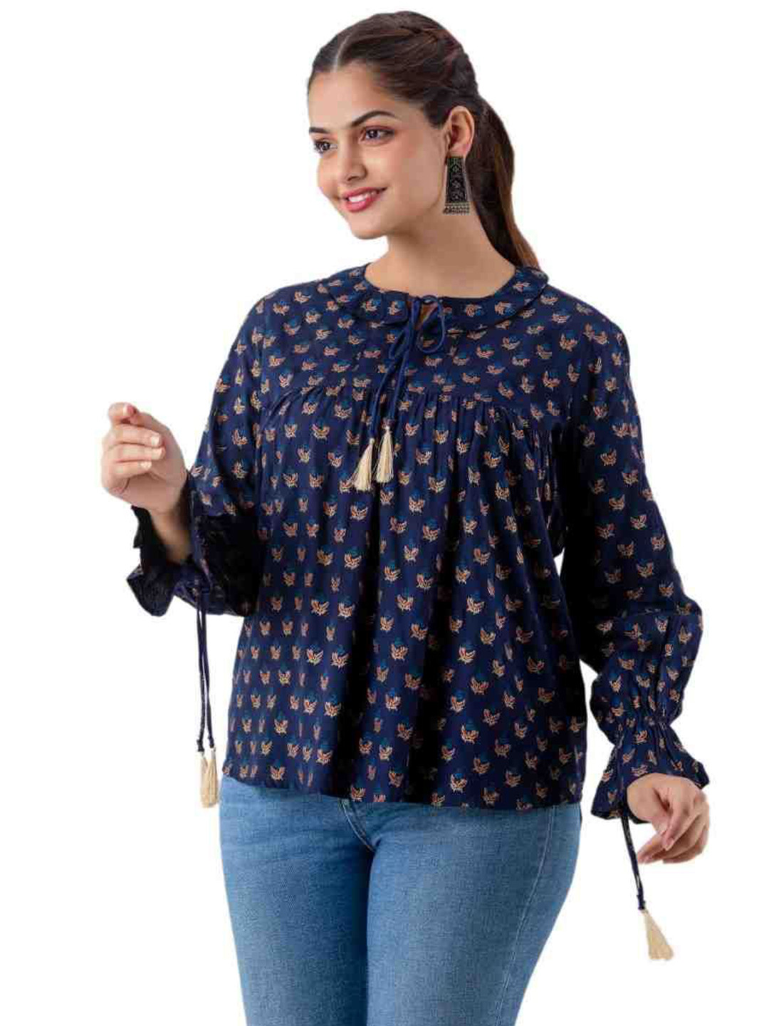 DMP EXPORT Women Printed Tie-Up Neck Long Puff Sleeves Empire Top