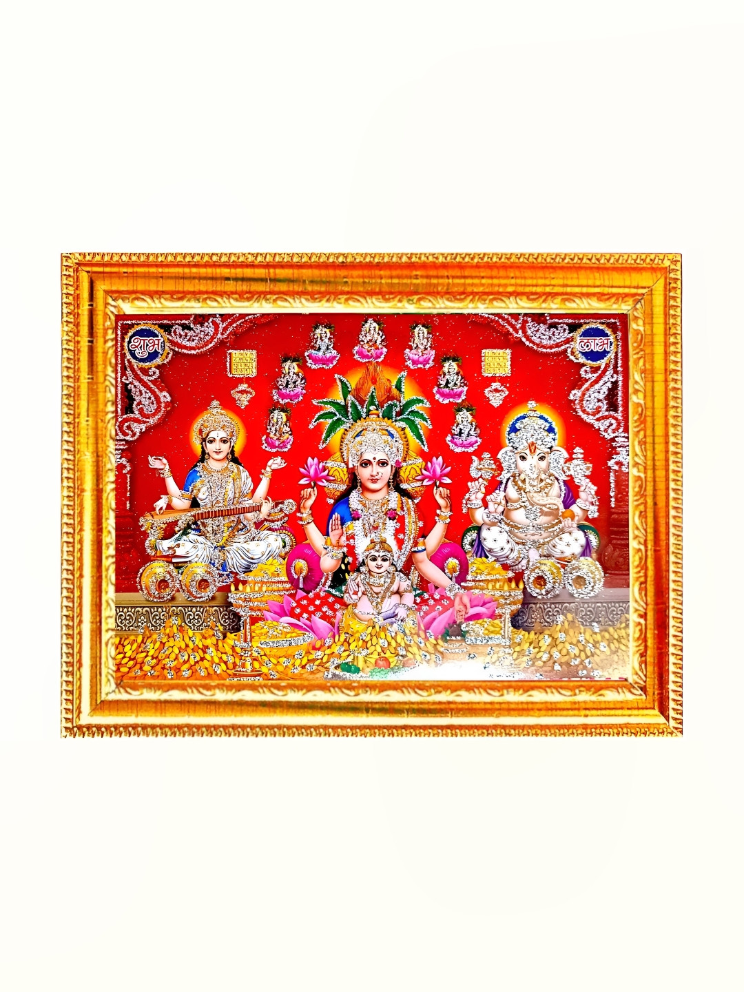 SUNINOW Gold-Toned Laxmi Ganesh Saraswati Red Religious Wooden Photo Frame
