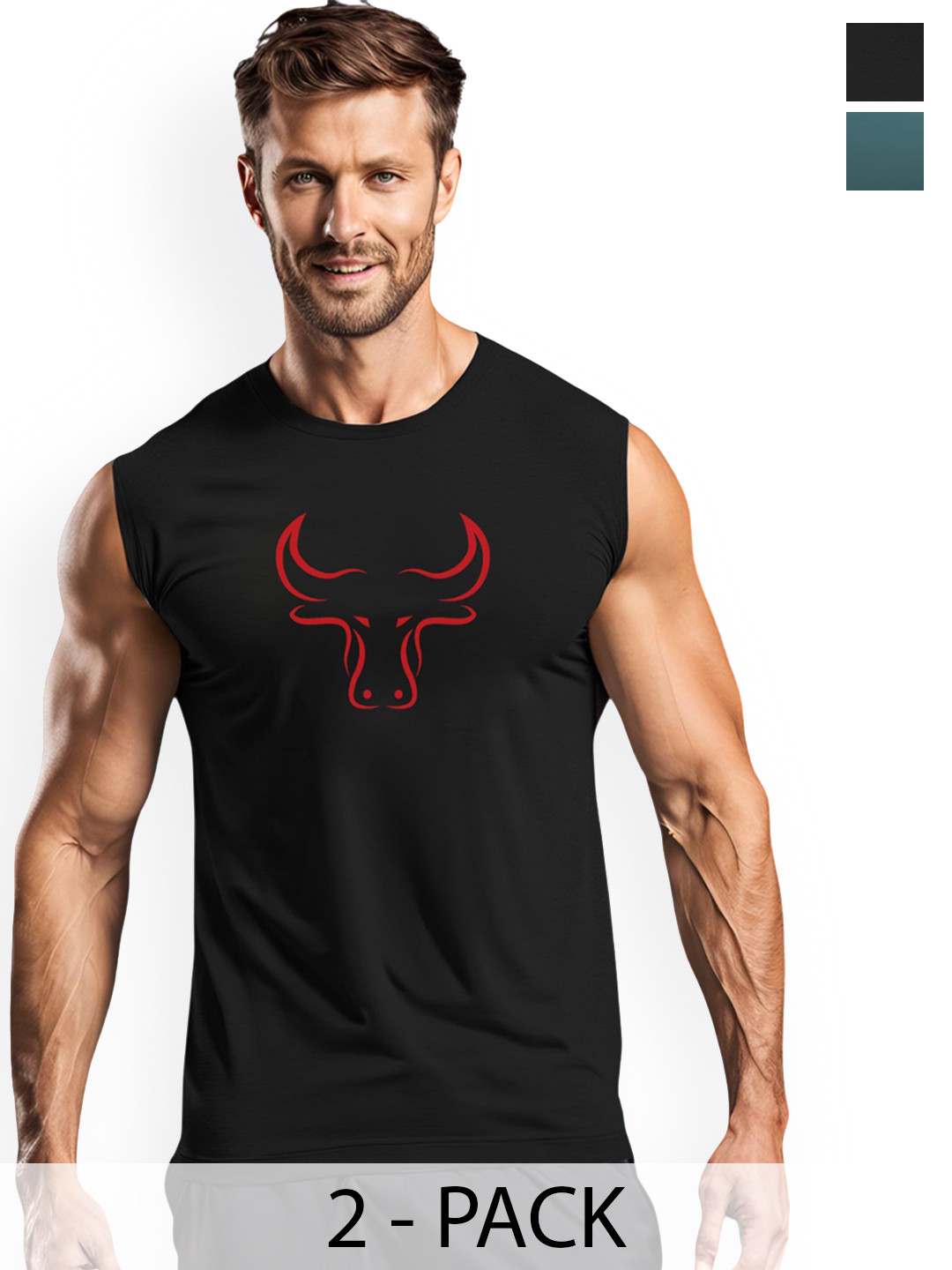 3Colors Men Pack Of 2 Printed Gym Vests VEST-2C-CCUT-BLK BULL_AF NEVER STOP_M