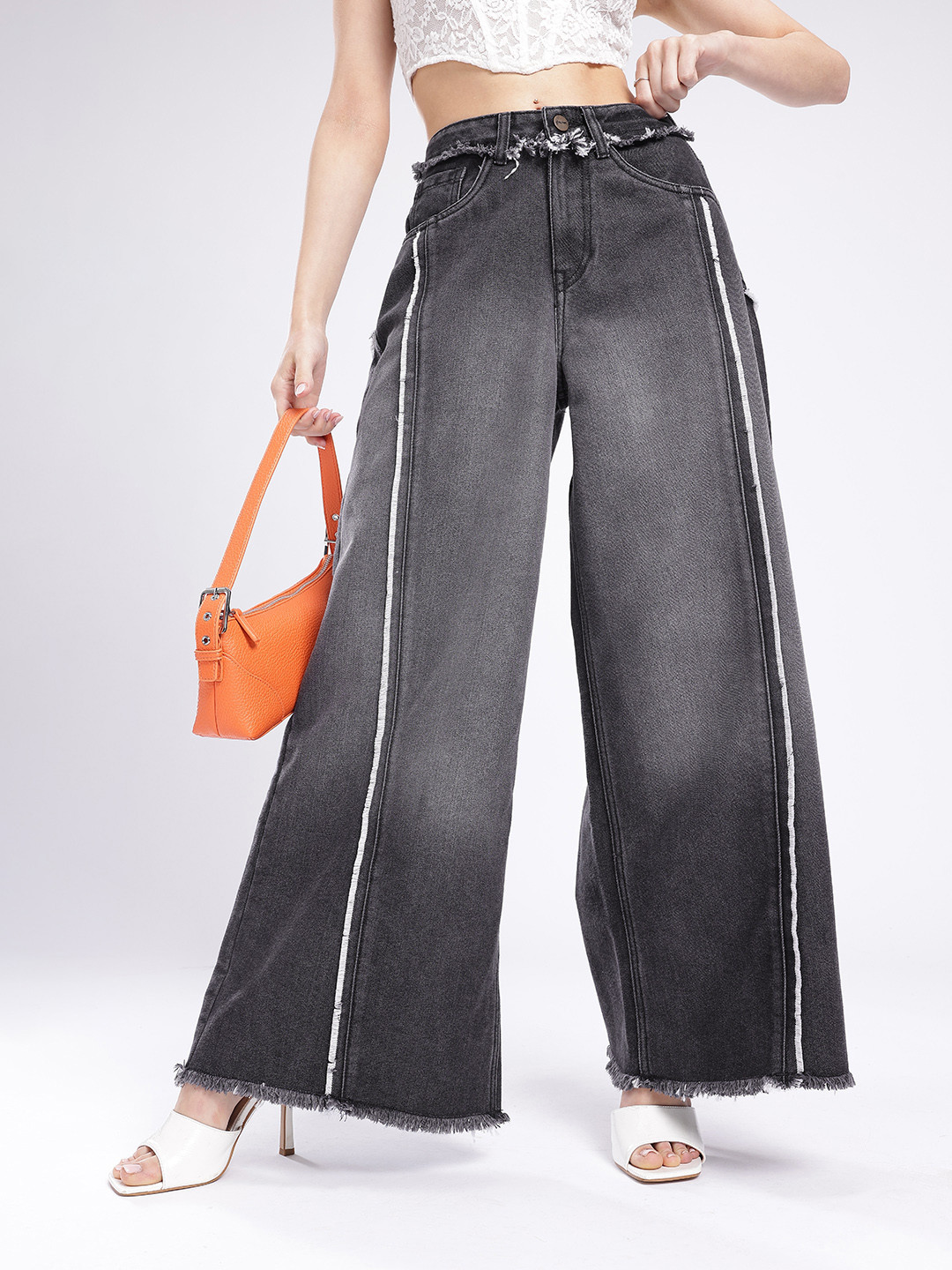 glitchez Women Panelled Palazzo High-Rise Light Fade Jeans