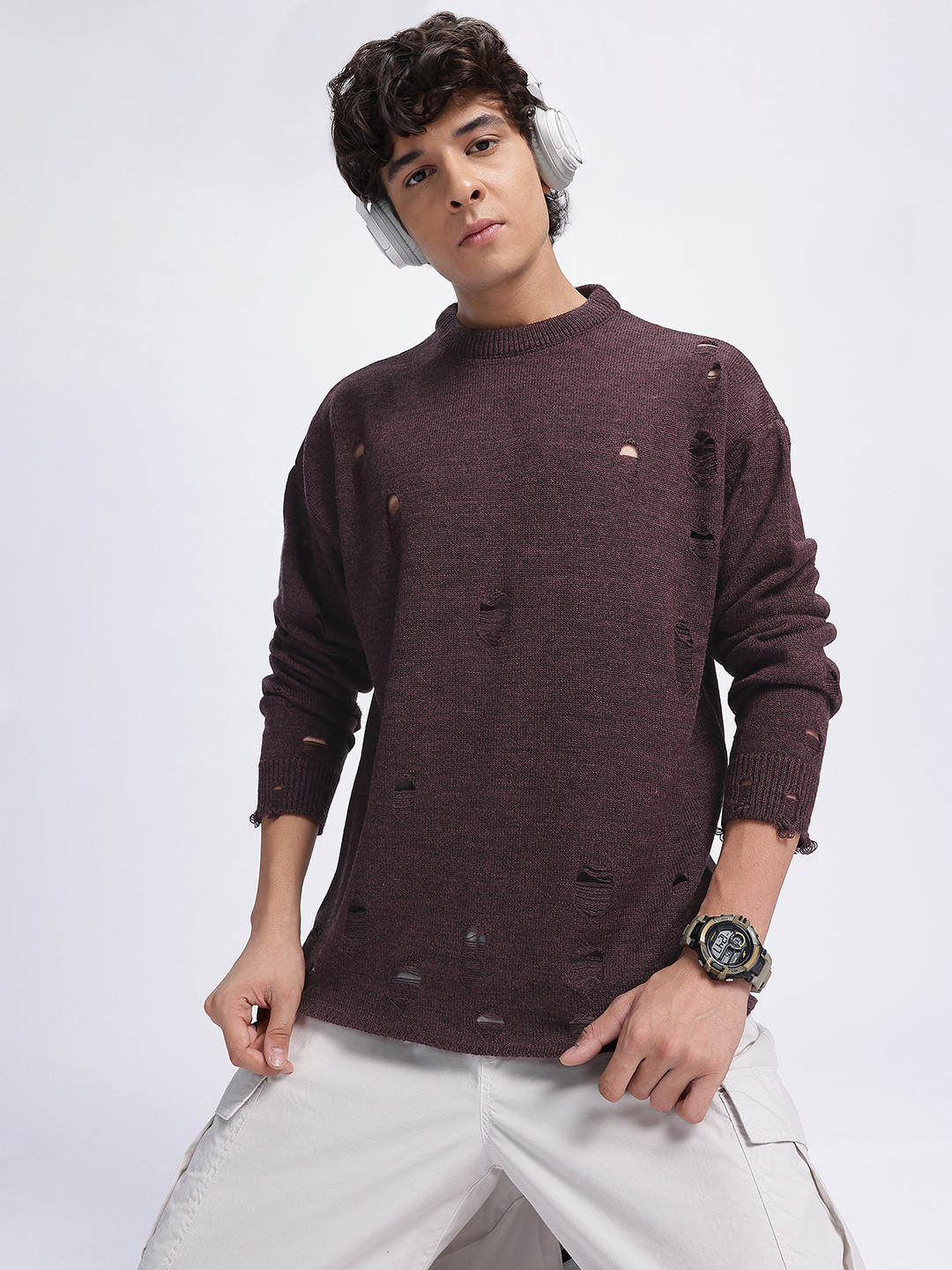 glitchez Distress Drop-Shoulder Sleeves Acrylic Pullover