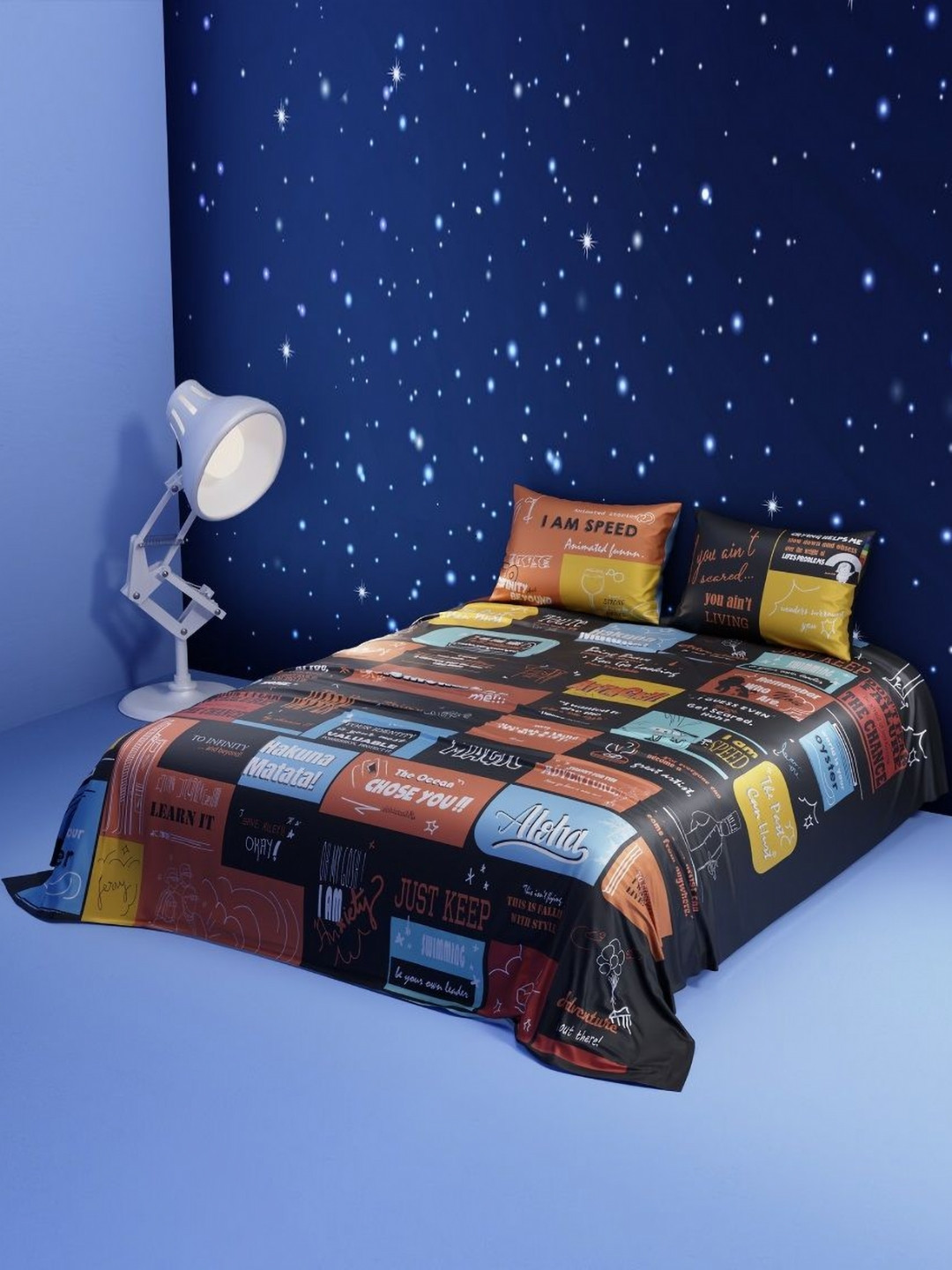 QuirkLoom Pixar Black Typography Polyester 300 TC King Bedsheet with 2 Pillow Covers-90 x 108 inches