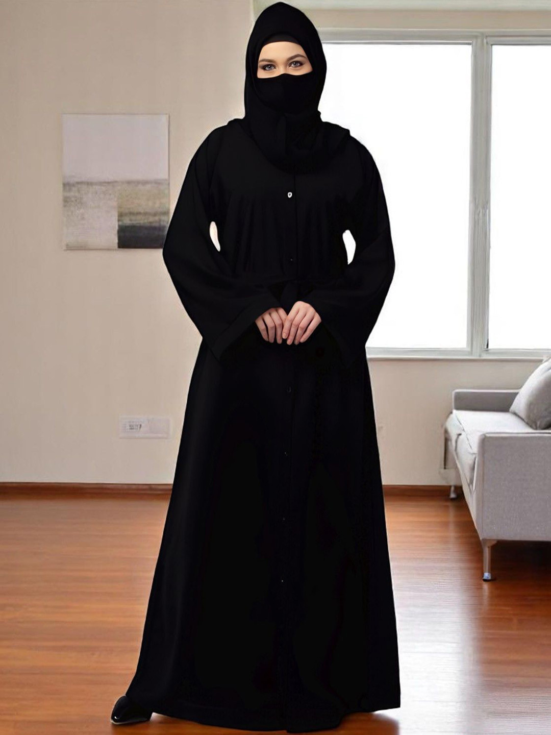 BASHARIYA Front-Open Kimono Sleeves Abaya Burqa With Belt