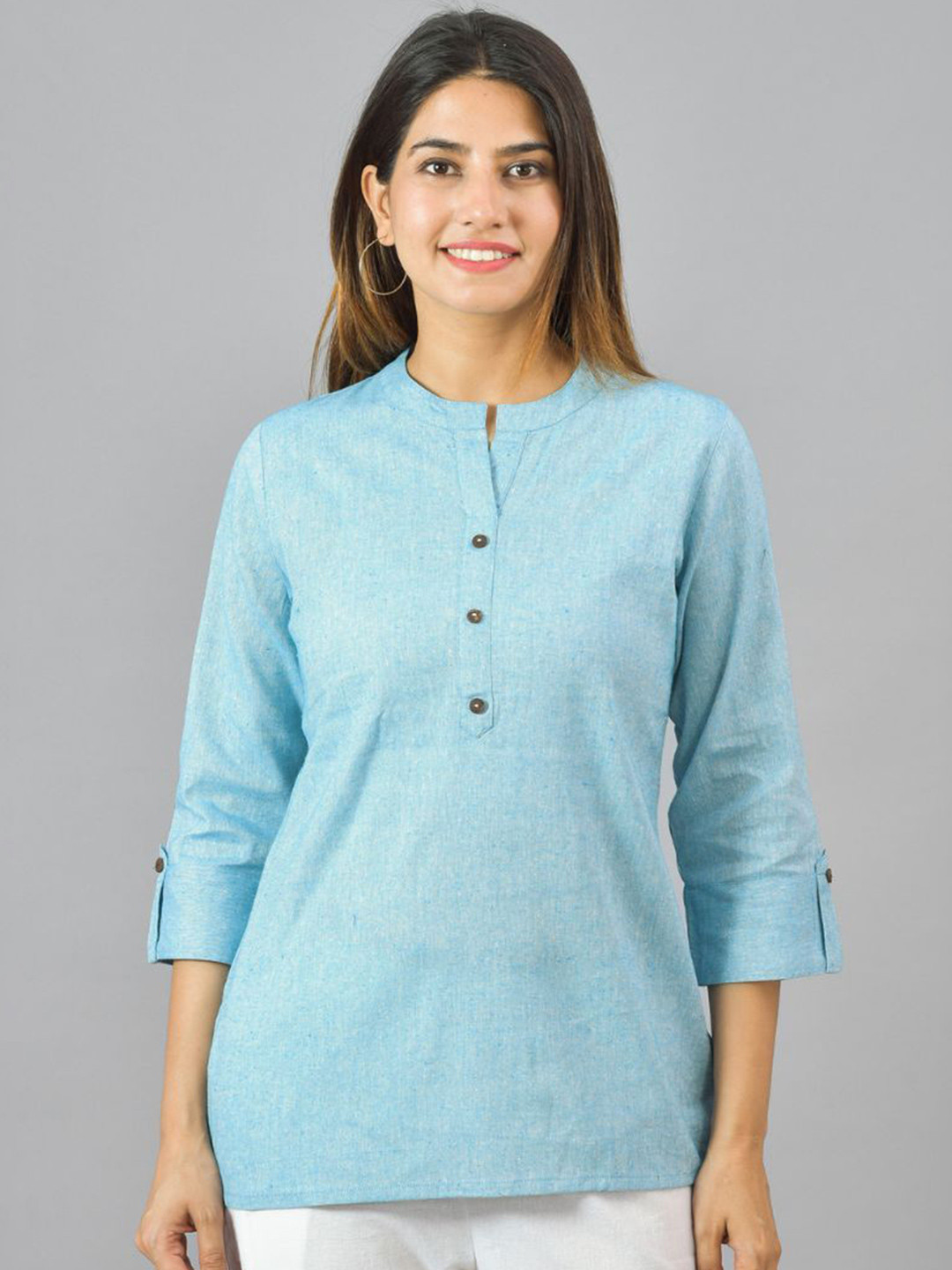 Suha Mandarin Collar Roll-Up Sleeve Cotton Shirt Style Top