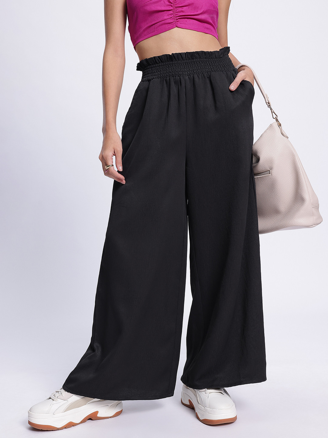 glitchez Women Textured High-Rise Flared Trousers
