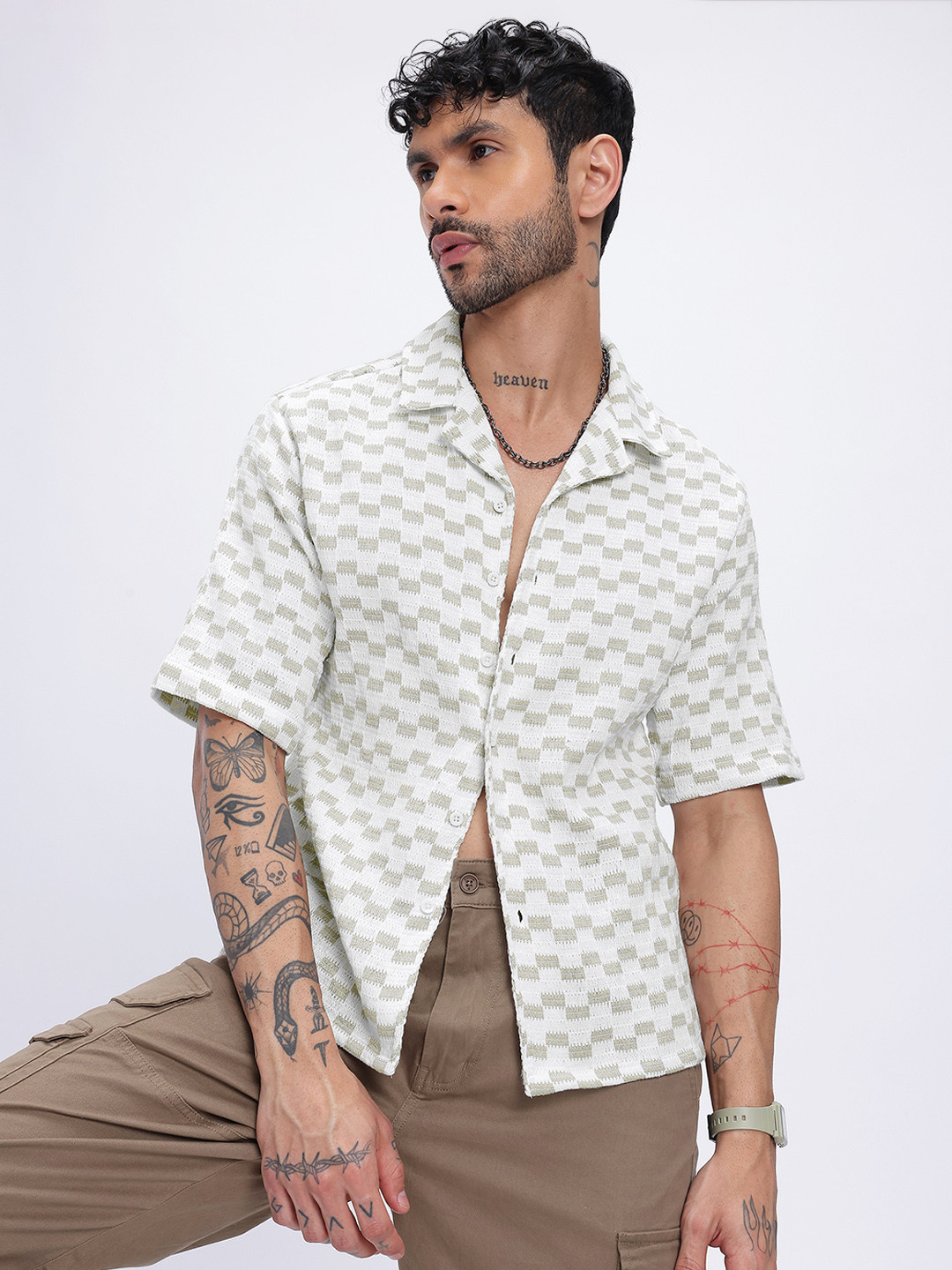glitchez Geometric Printed Weave Crochet Relaxed Shirt