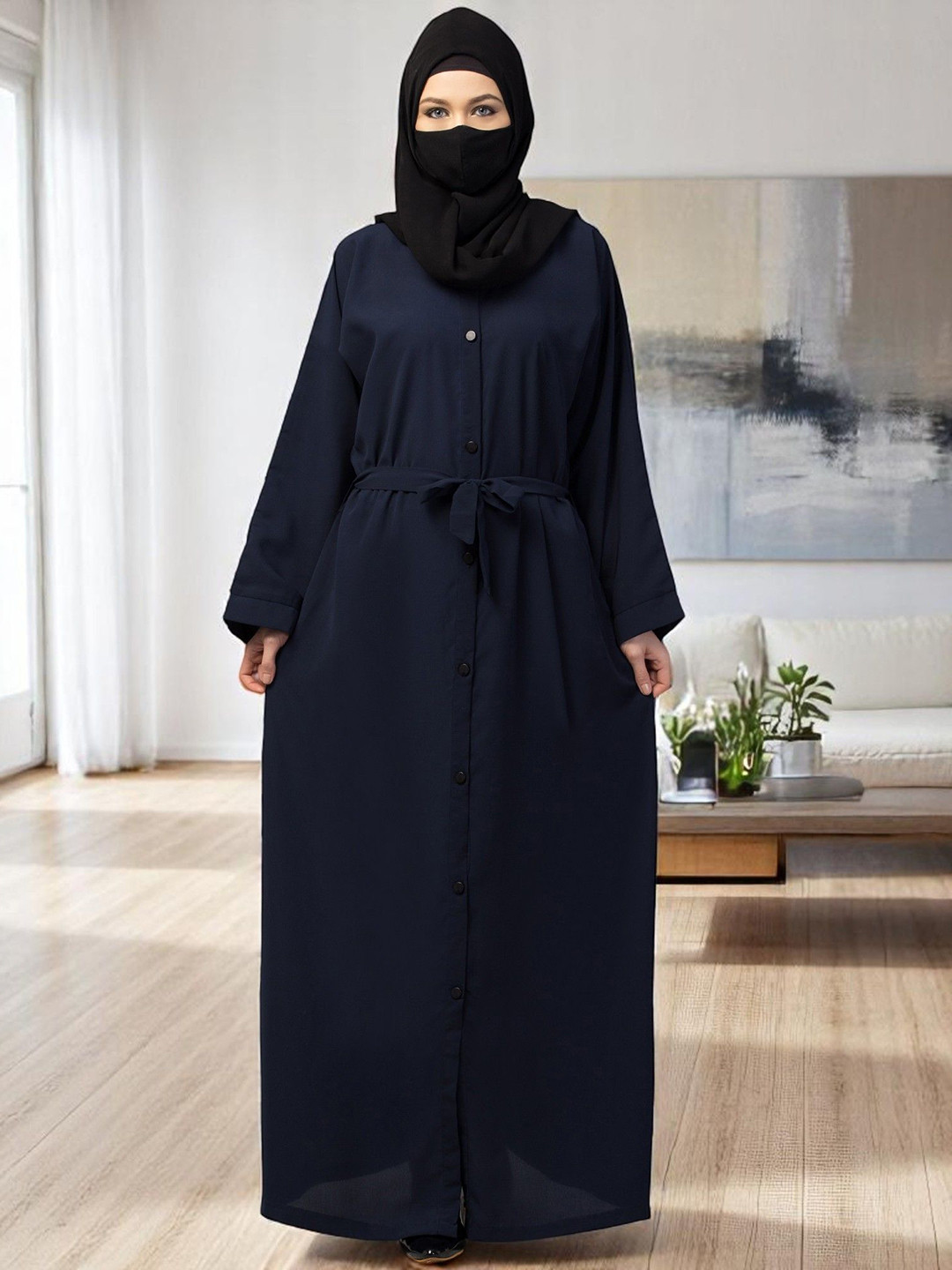 BASHARIYA Front Open Abaya Kimono Sleeves & Belt With Mouthpiece