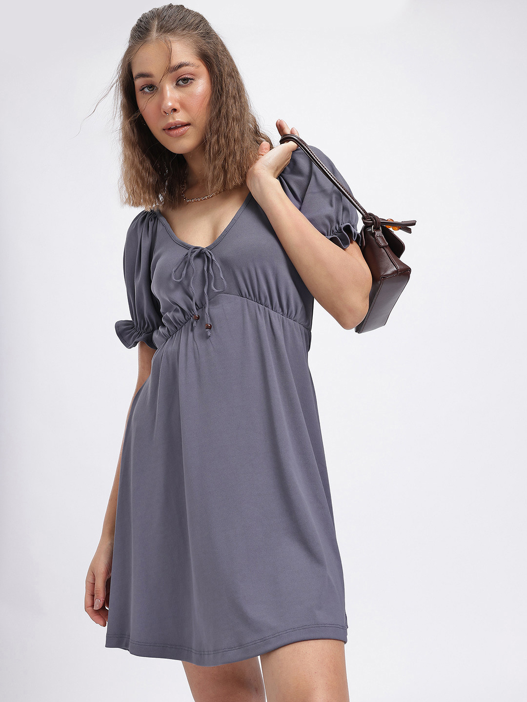 glitchez Tie-Up Detail Ruched Styled Back Empire Mini Dress