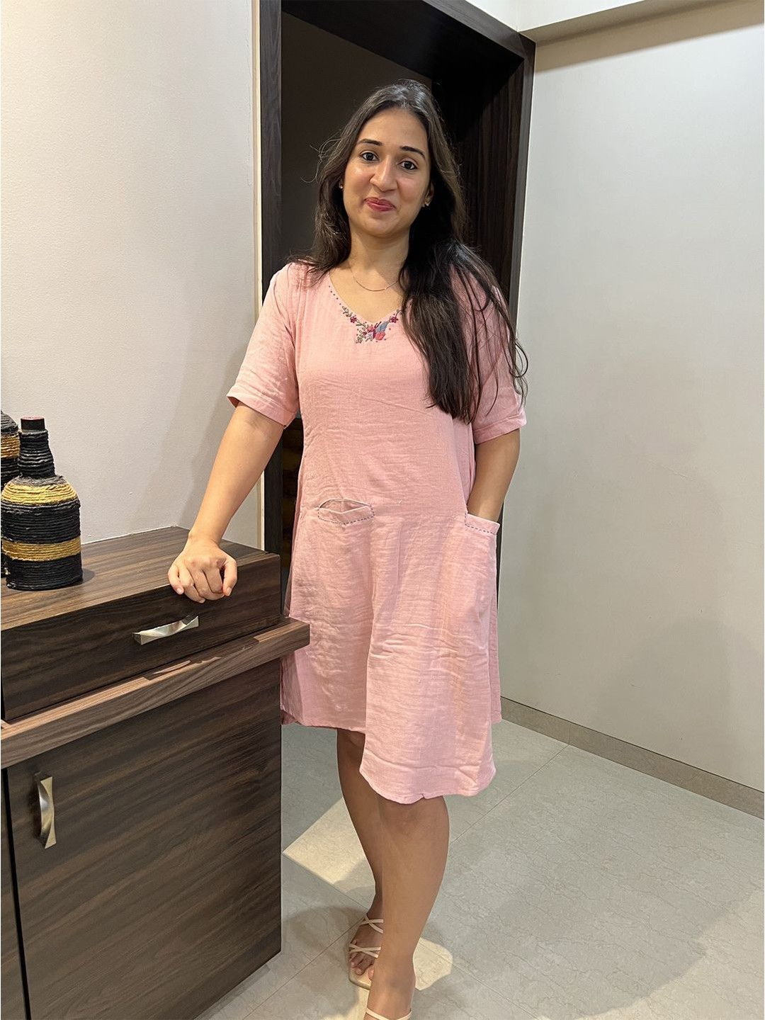 Nirvaana Women Solid Utility Pockets A-Line Knee Length Dress