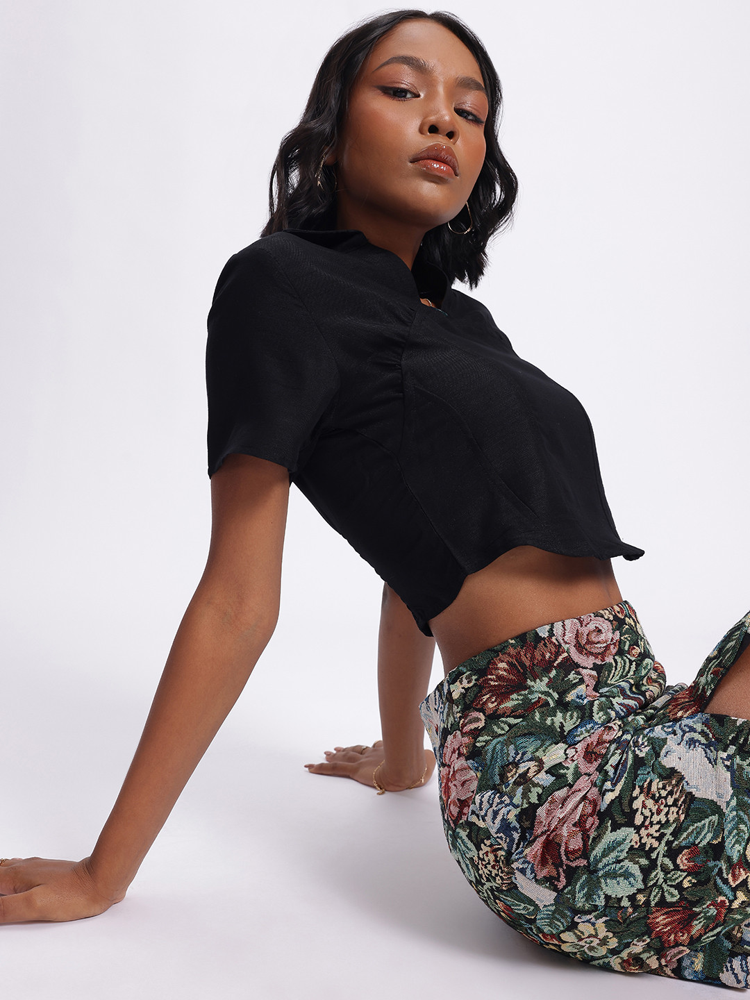 glitchez Smocked Back Spread Collar Crop Top