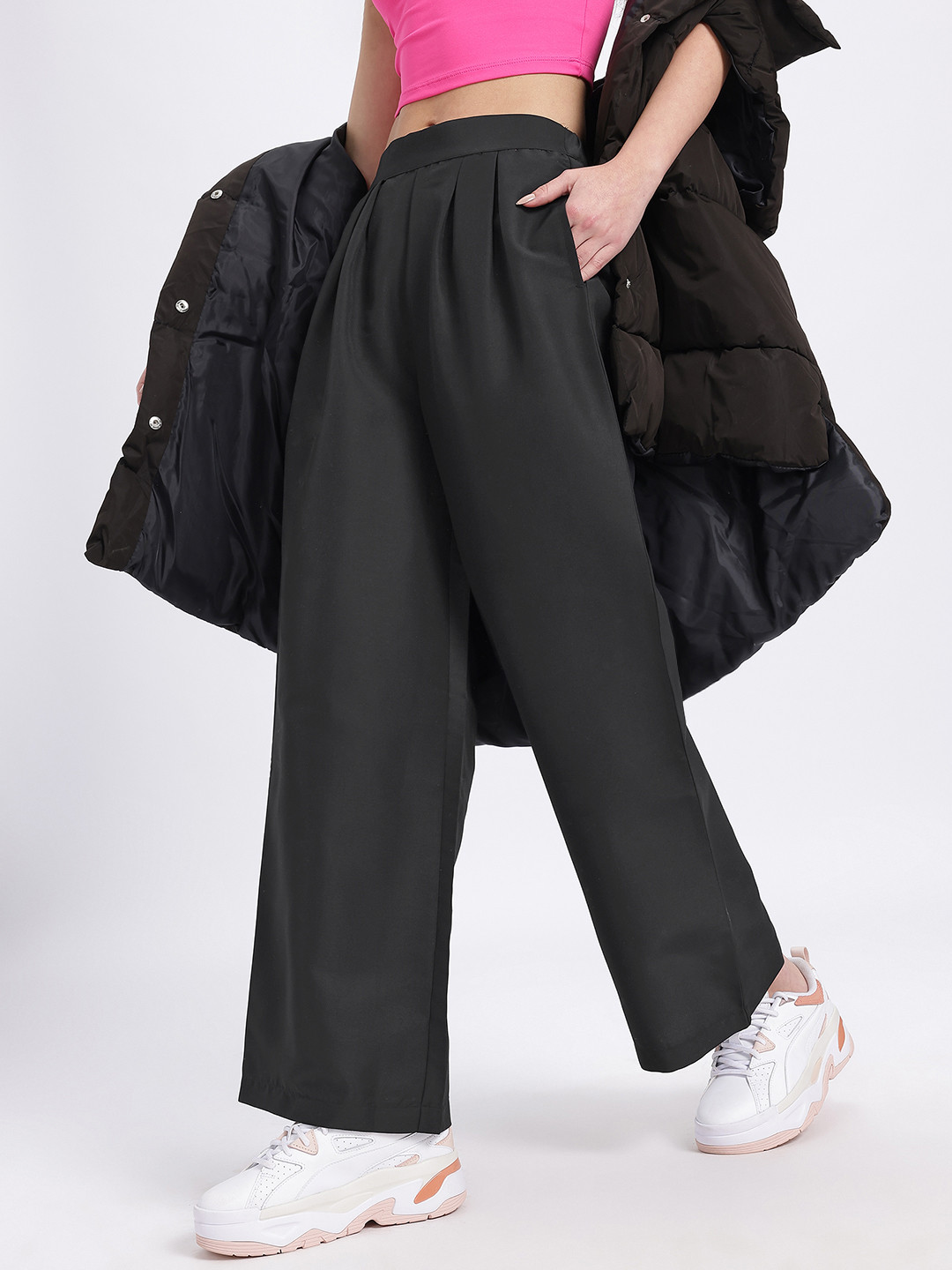 glitchez Women Black Pleated Wide Leg Trousers