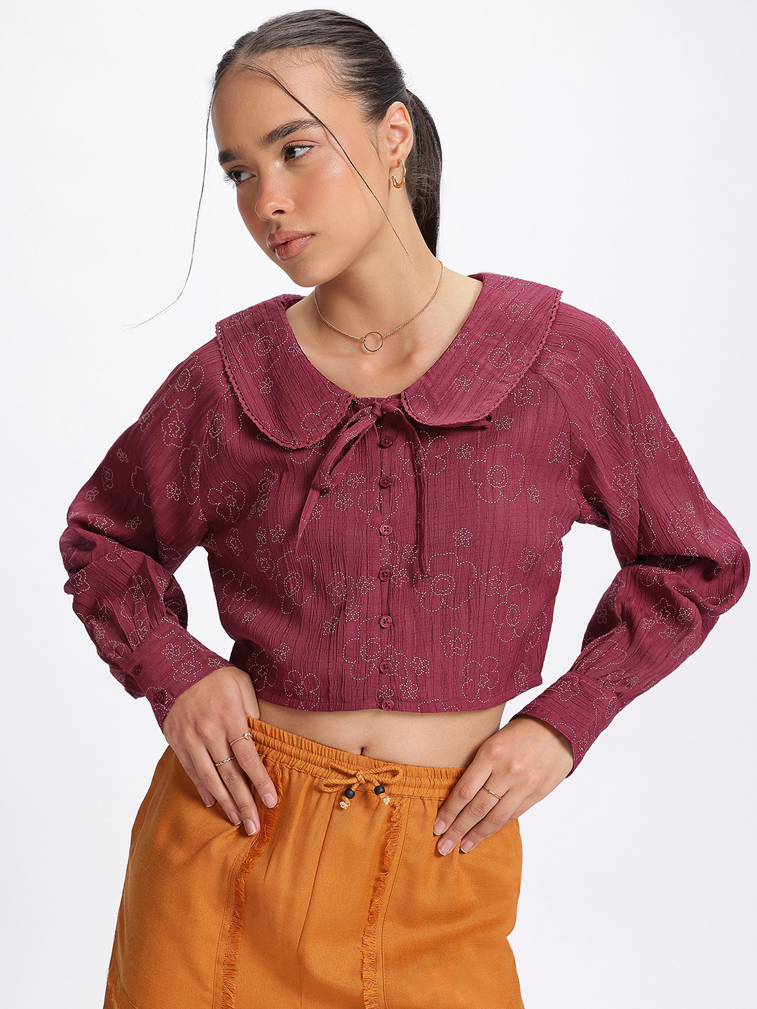 glitchez Keyboard Collar Embroidered Shirt-Style Top