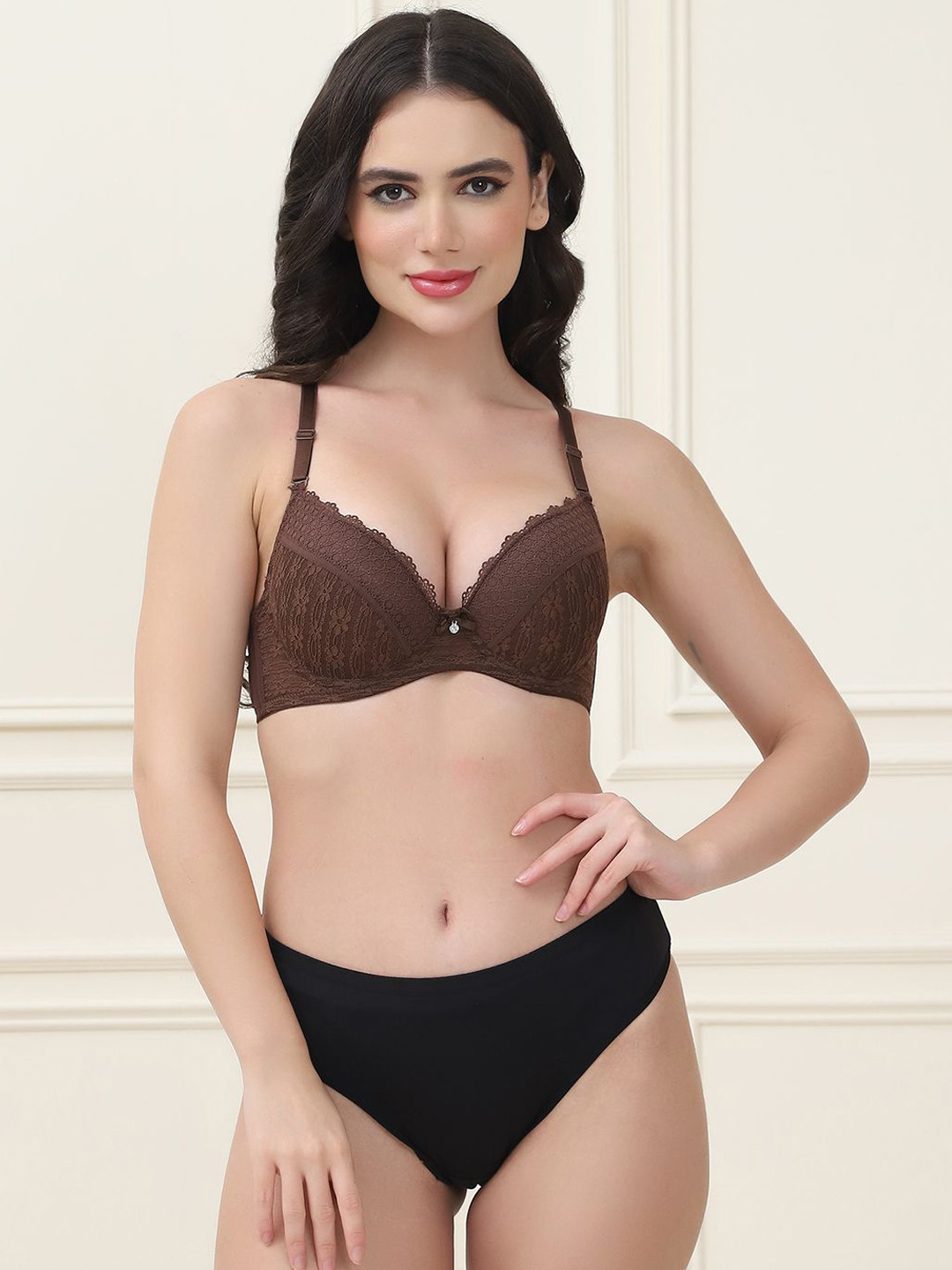 Quttos Self-Design Underwire Lightly Padded Lingerie Set QT-SET-7048-BRN-32B