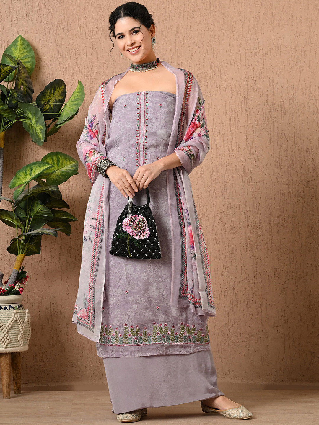 THE WEAVERS SHOP BY RAAVI Floral Printed Thread Work Organza Unstitched Dress Material