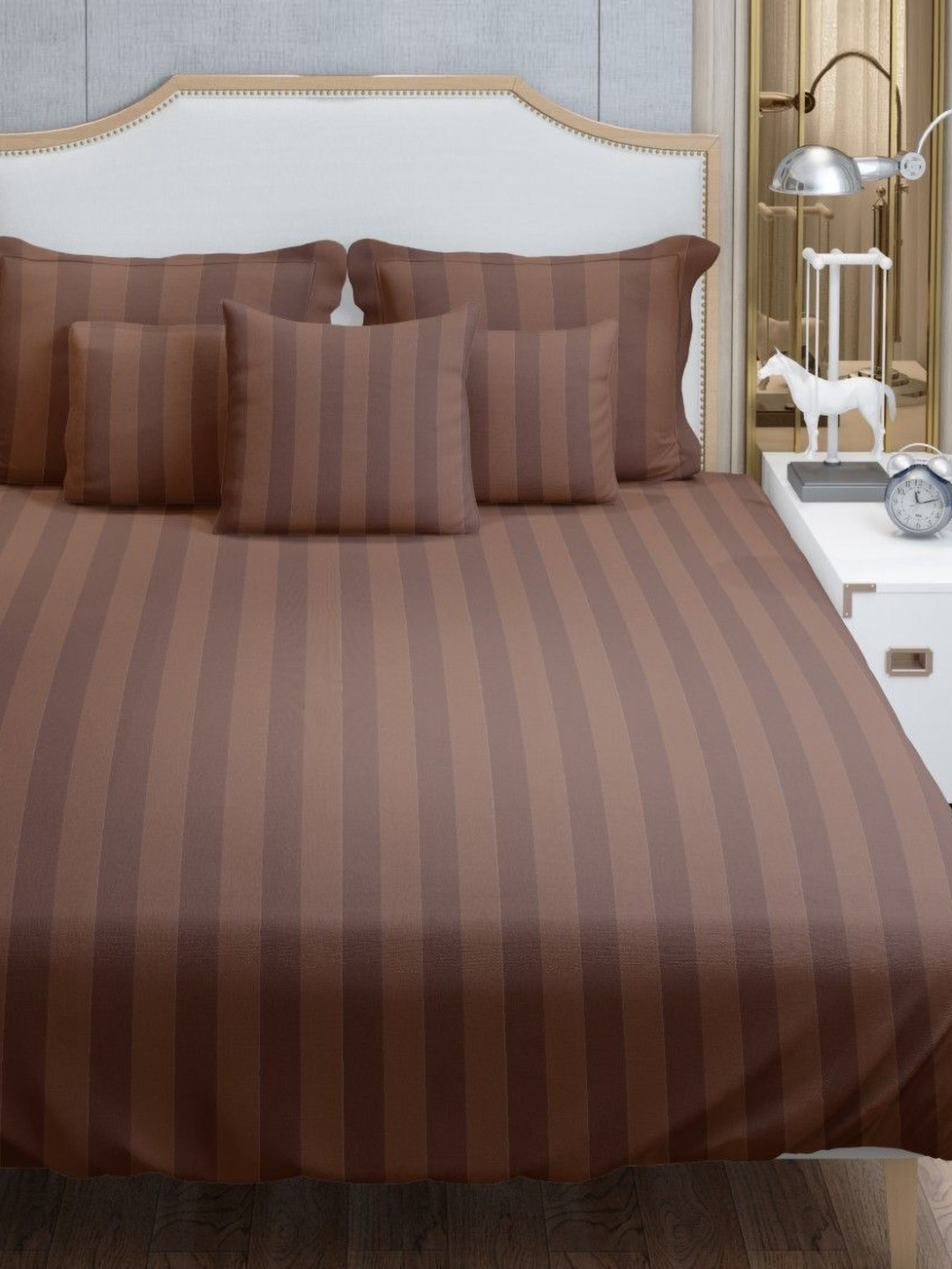 HOME PLUS STUDIOS Brown Striped Cotton 250 TC King Superfine Bedsheet with 2 Pillow Covers-60 x 90 inches