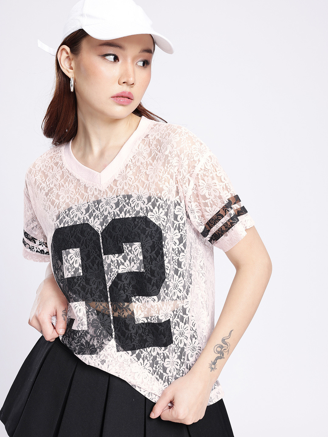 Varsity Lace V-Neck Graphic Top