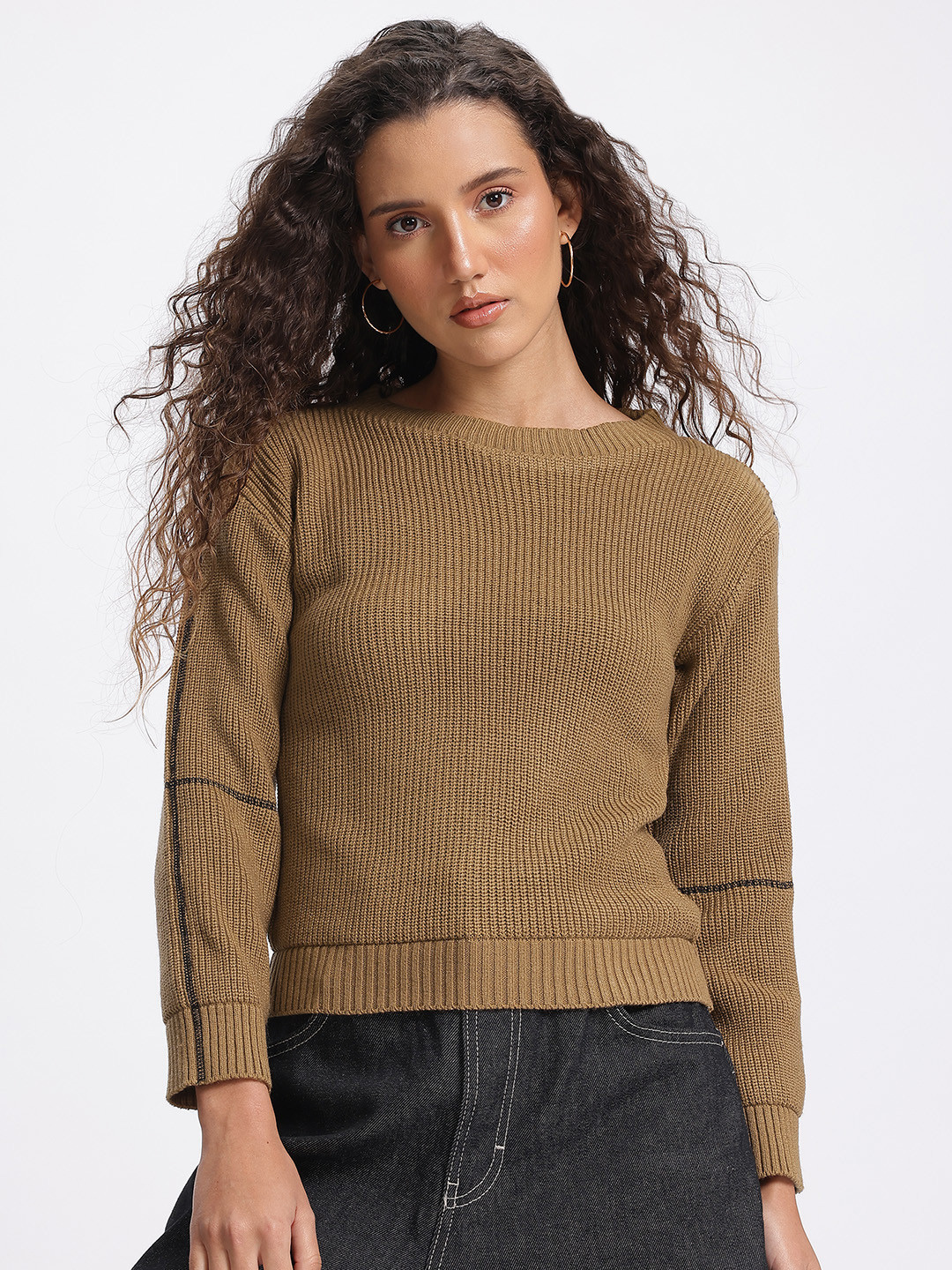glitchez Drop-Shoulder Sleeves Pure Cotton Relaxed Fit Crop Sweater