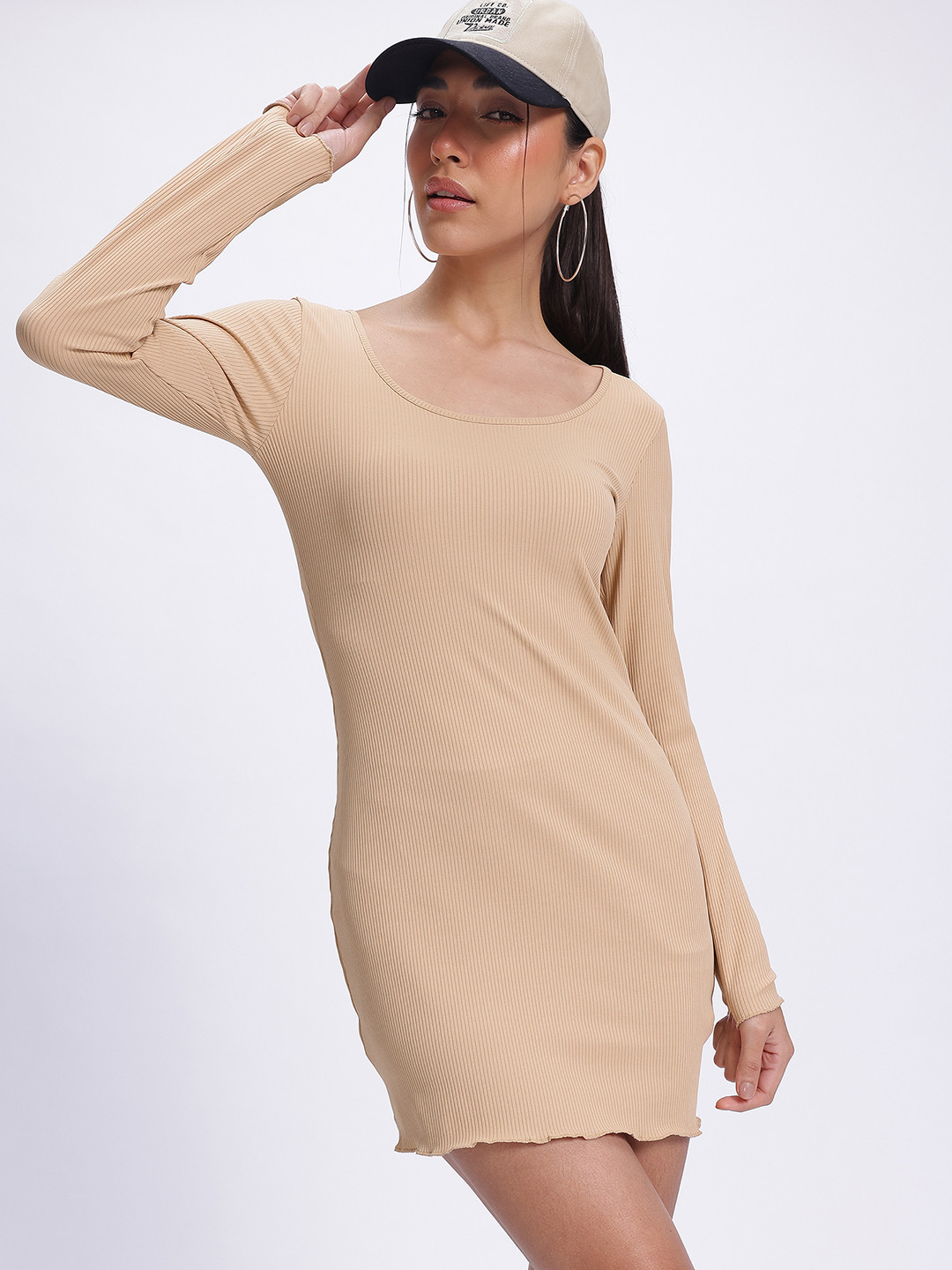 glitchez Knit Ribbed Scoop Neck Bodycon Mini Dress