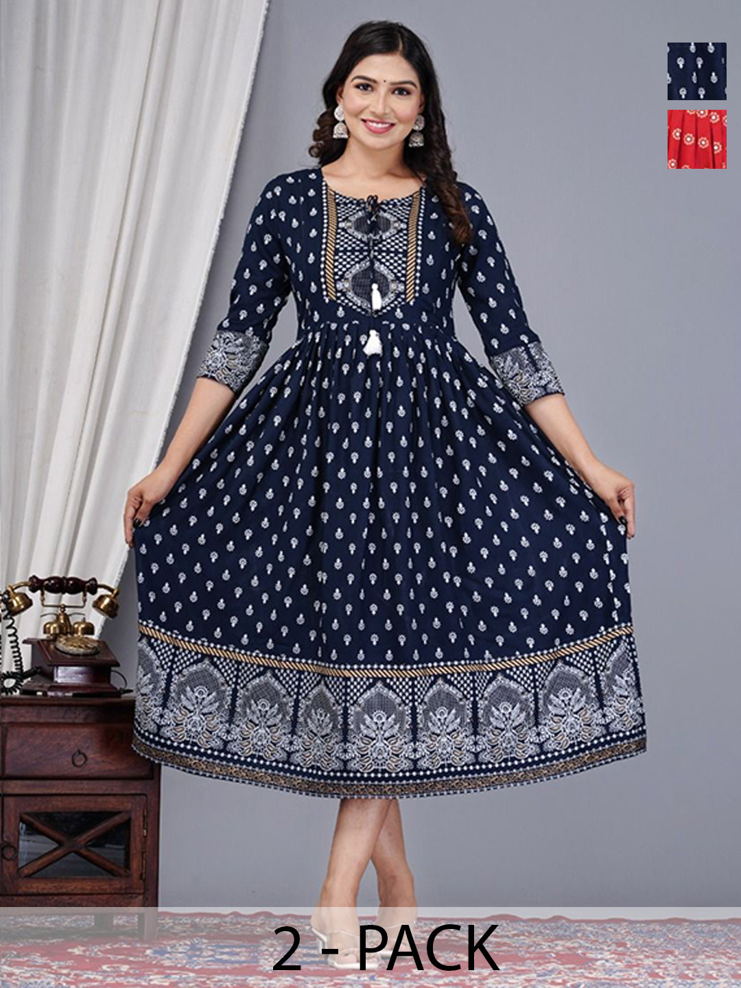 Vorcia Febtex Pack Of 2 Printed Fit And Flare Ethnic Dresses