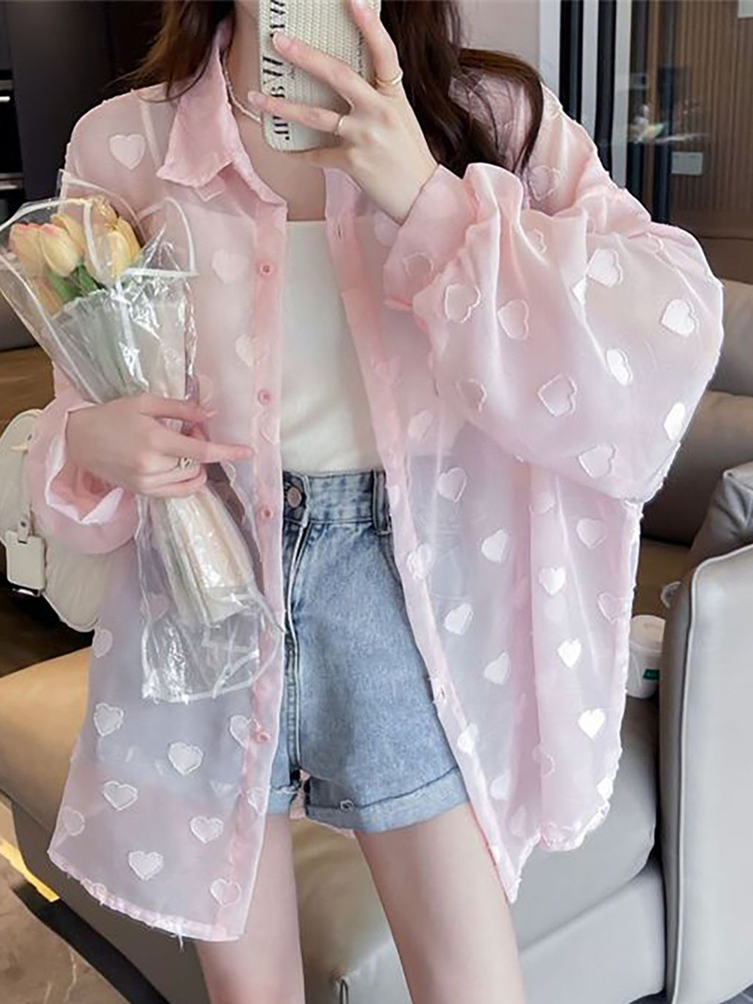 JC Mode Women Self Design Longline Semi-Sheer Oversized Casual Shirt