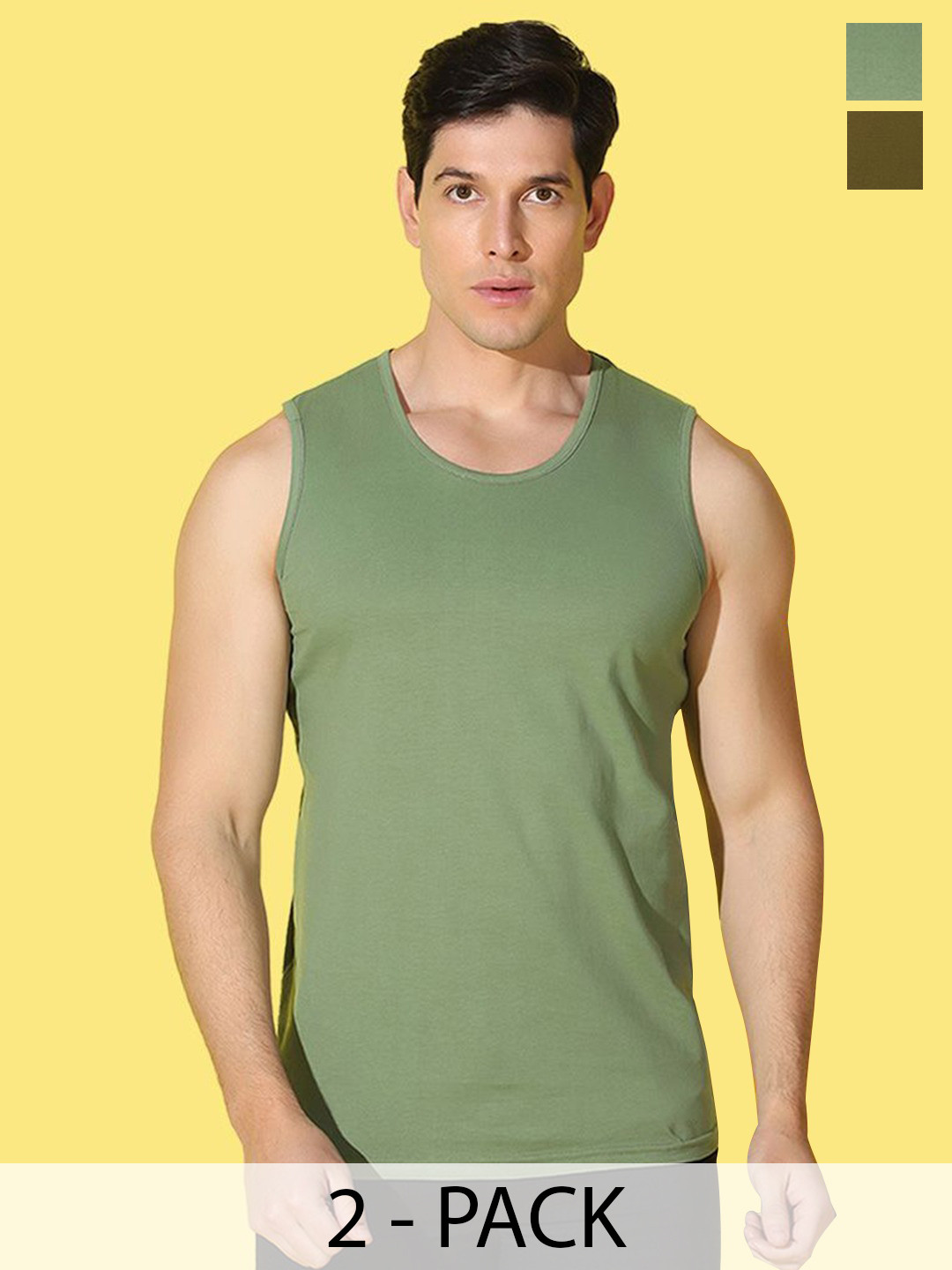 WOOSTRO Pack Of 2 Scoop Neck Ultra-Soft Gym Vests VWS26(MORE OLIVE)(PLAIN LGTGREEN)