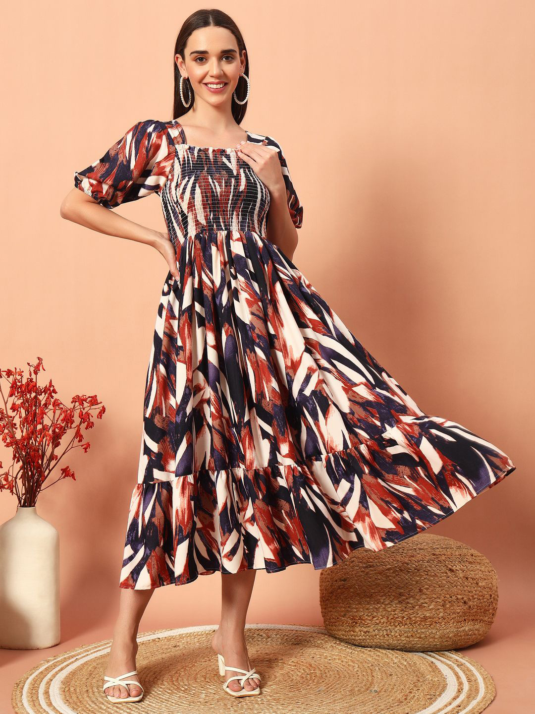 LookShine Women Print Puff Sleeve A-Line Midi Dress