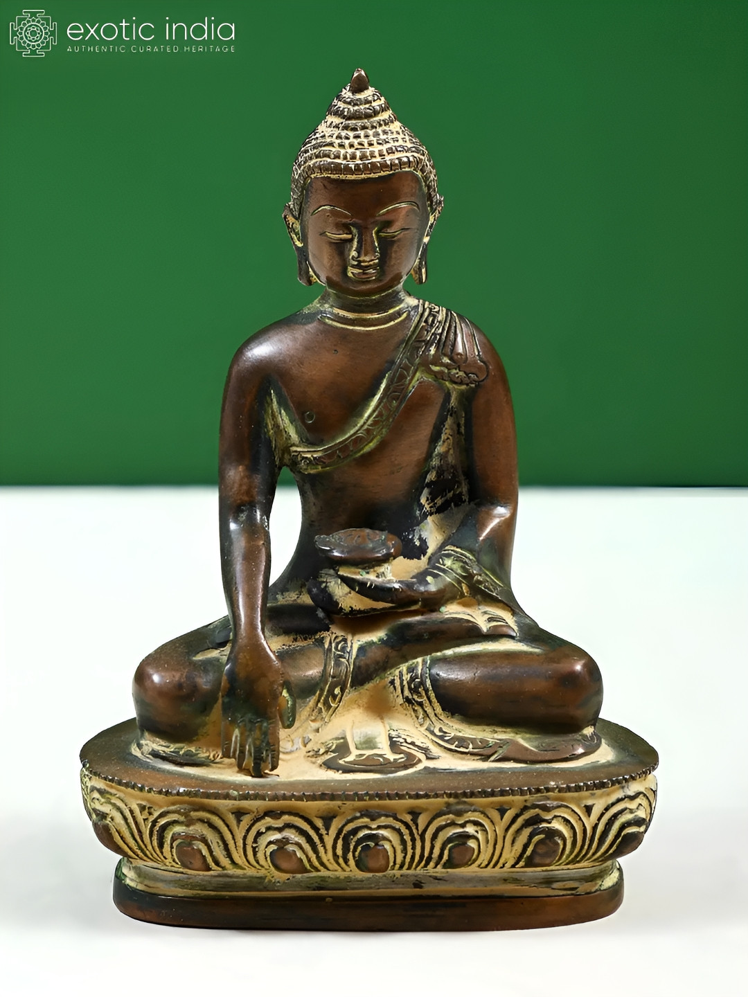 Exotic India Buddha in Bhumisparsha Mudra Metallic Brass Living Room Medium Showpiece - 5 Inches