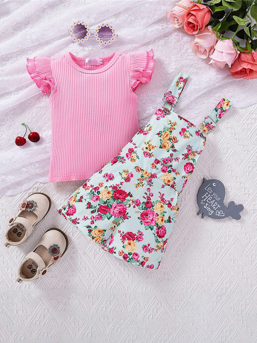 YK Girls Floral Printed Short Dungarees With Top