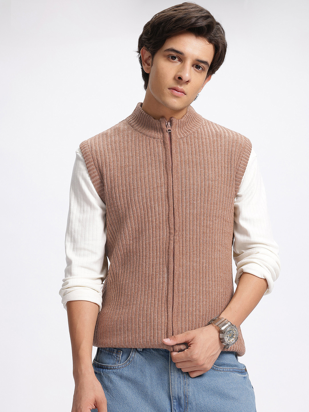 glitchez Ribbed Extended Sleeve Zipper Cardigan