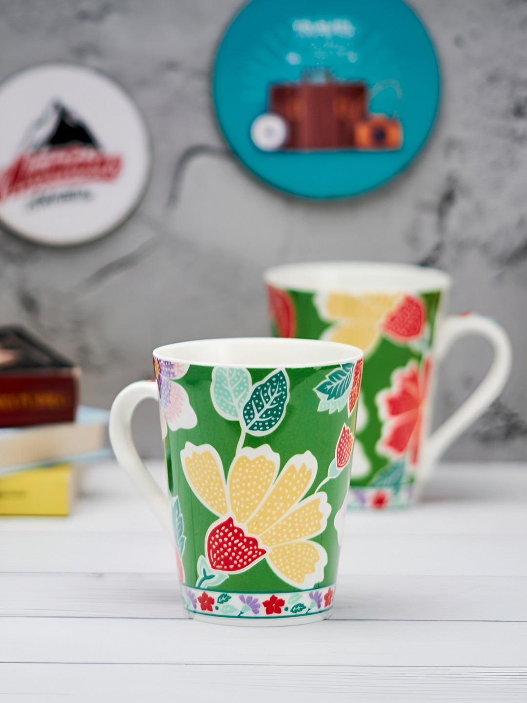 GOLDEN QUEEN'S Green Floral Ceramic Handmade 2 Piece Mugs-300ml