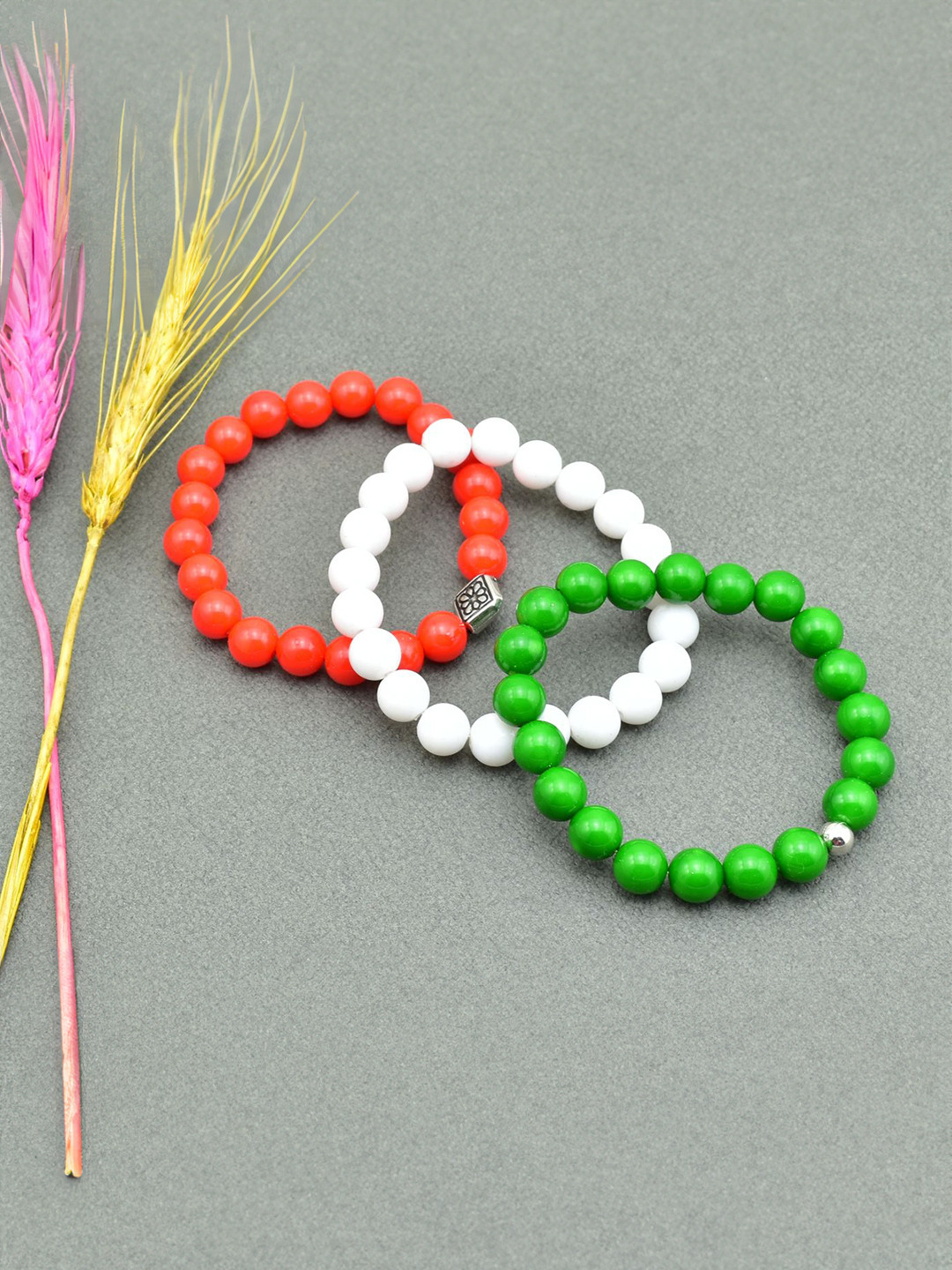 HIGH TRENDZ Set Of 3 Artificial Beaded Tricolour Elasticated Bracelet