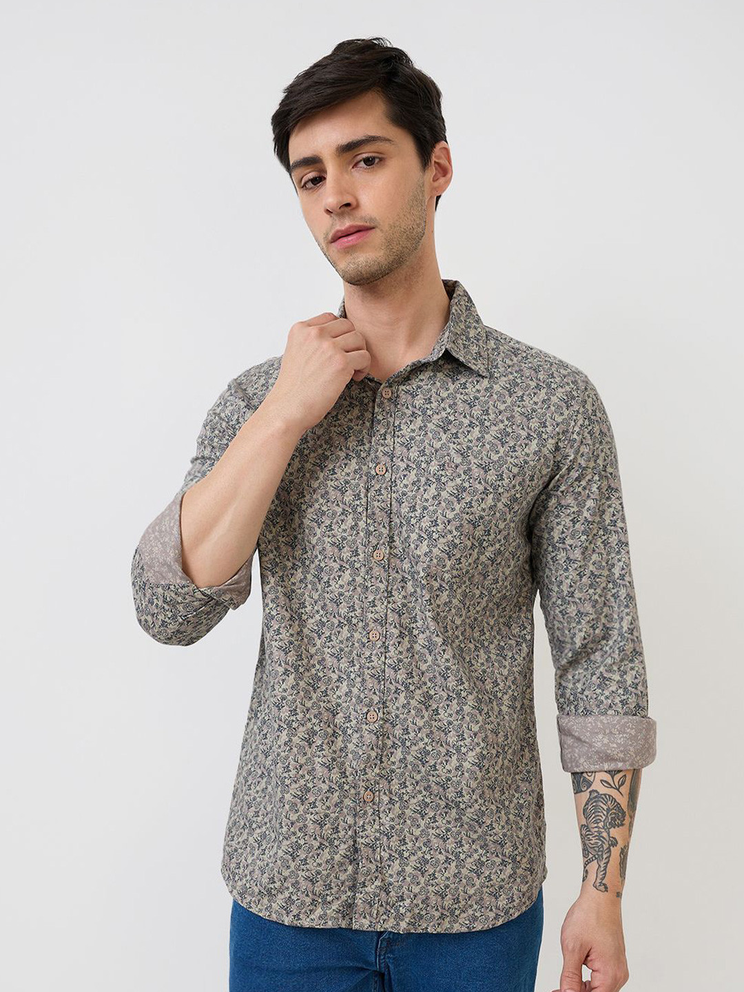 Parx Floral Printed Cutaway Collar Slim Long Sleeves Slim Fit Casual Pure Cotton Shirt