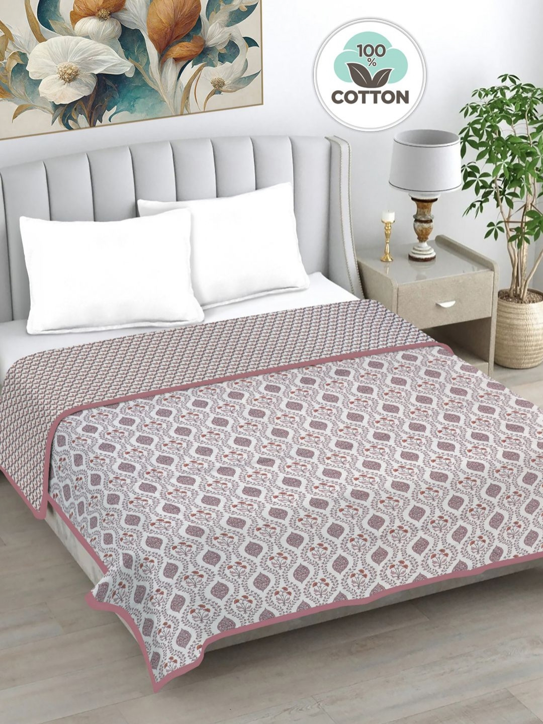 FABINALIV White & Pink Printed Pure Cotton 230 GSM AC Room Reversible Double Bed Dohar